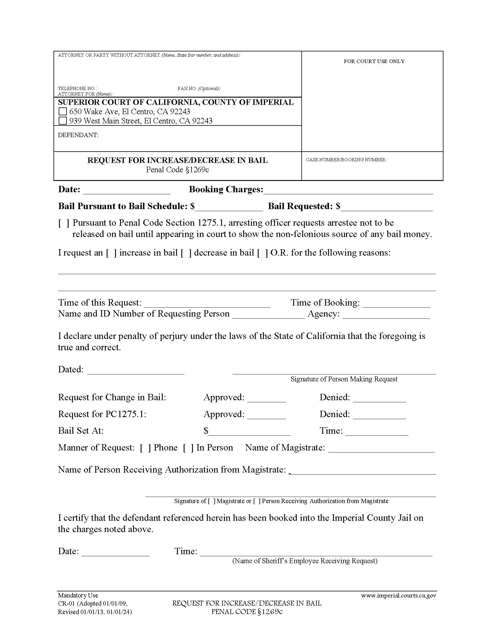 Request For Increase-Decrease In Bail {CR-01} | Pdf Fpdf Docx | California