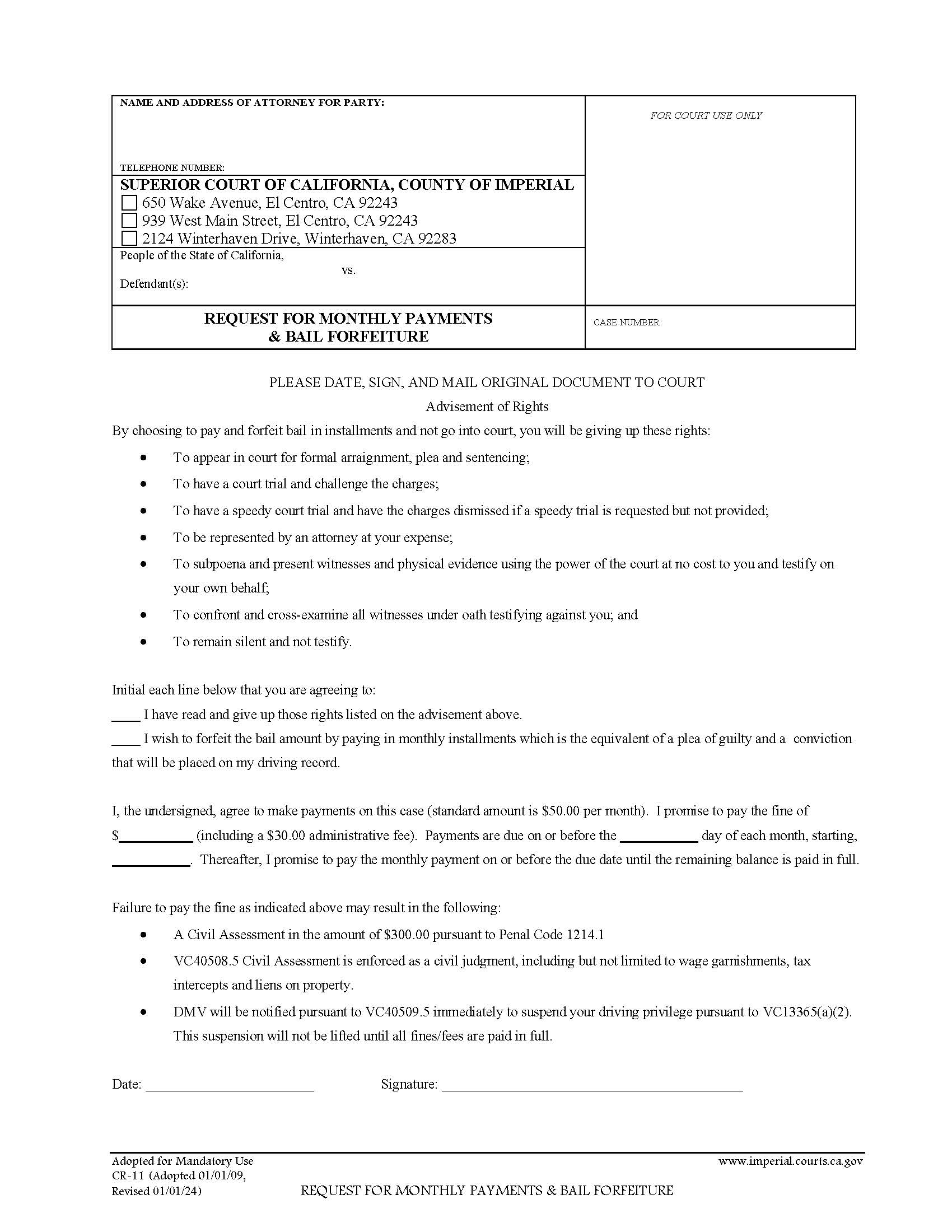 Request For Monthly Payments And Bail Forfeiture {CR-11} | Pdf Fpdf Doc Docx | California