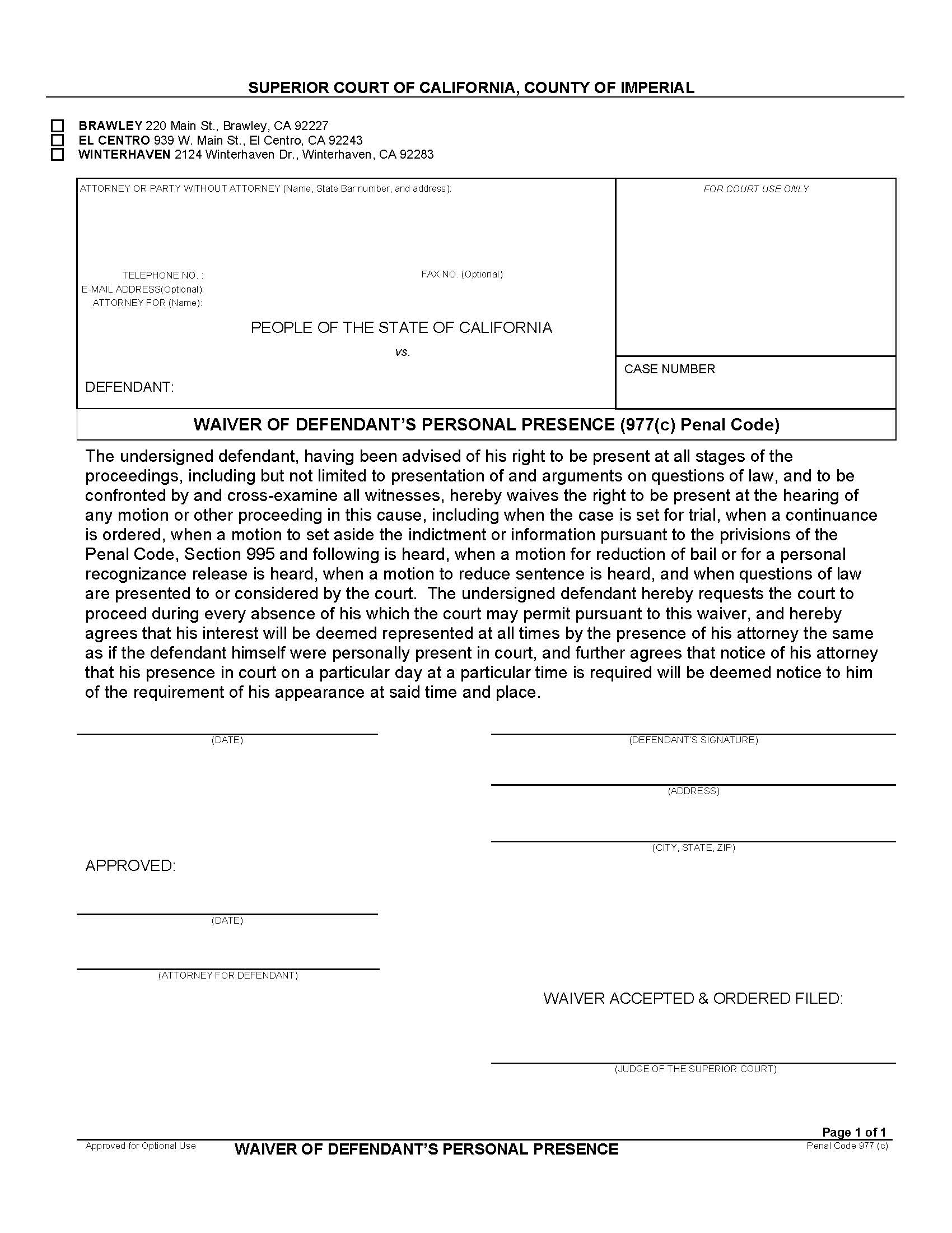 Waiver Of Defendants Personal Appearance | Pdf Fpdf Docx | California