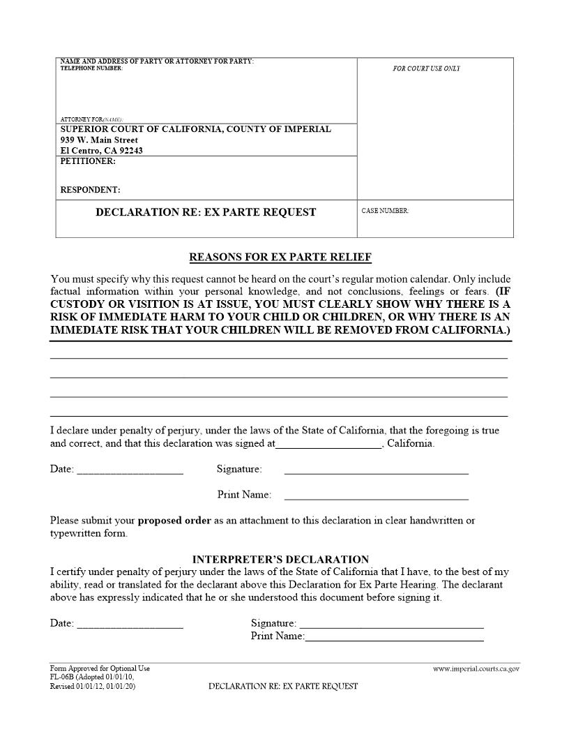 Application For Ex Parte Request {FL-06B} | Pdf Fpdf Doc Docx | California