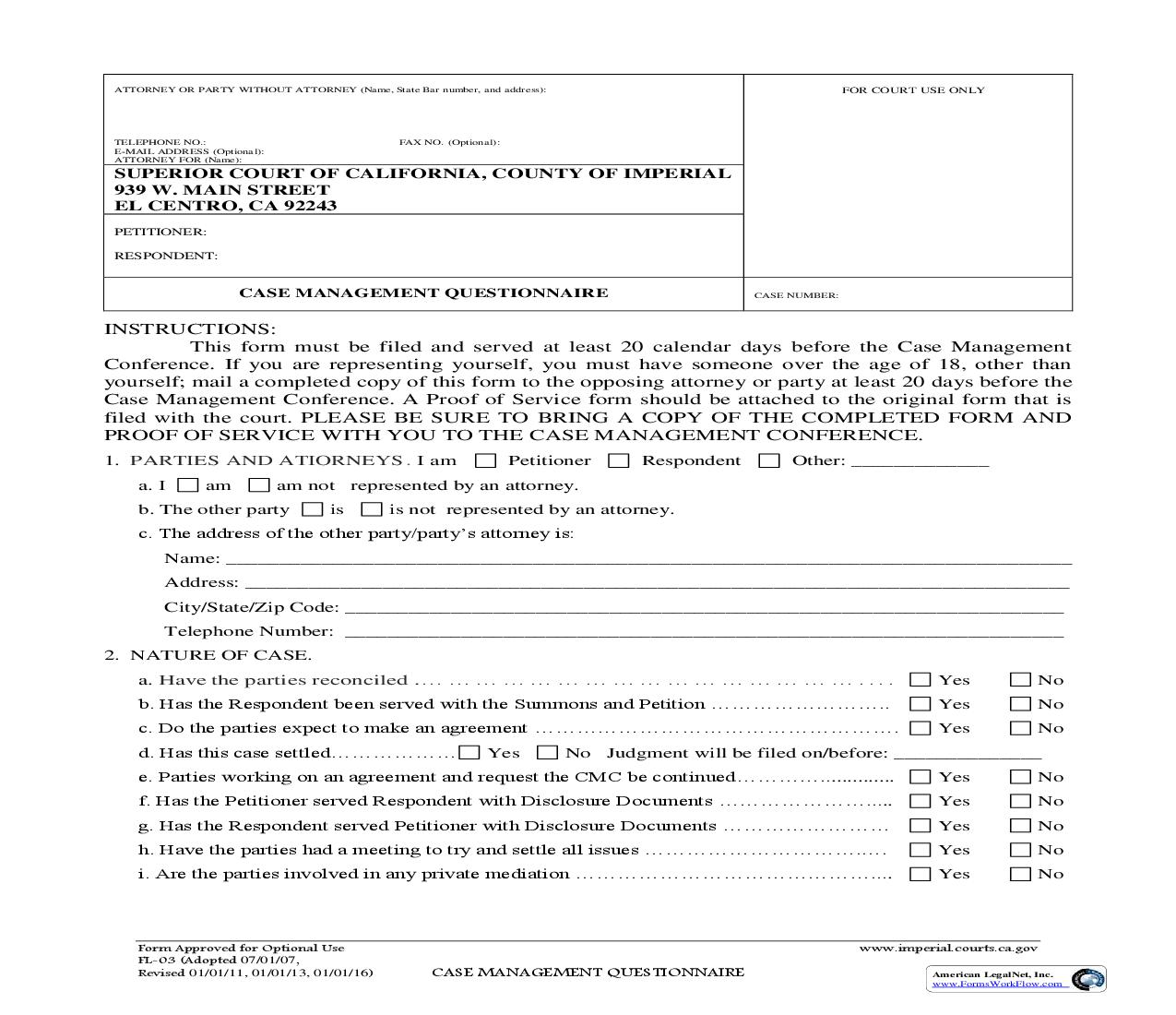 Case Management Questionnaire {FL-03} | Pdf Fpdf Doc Docx | California