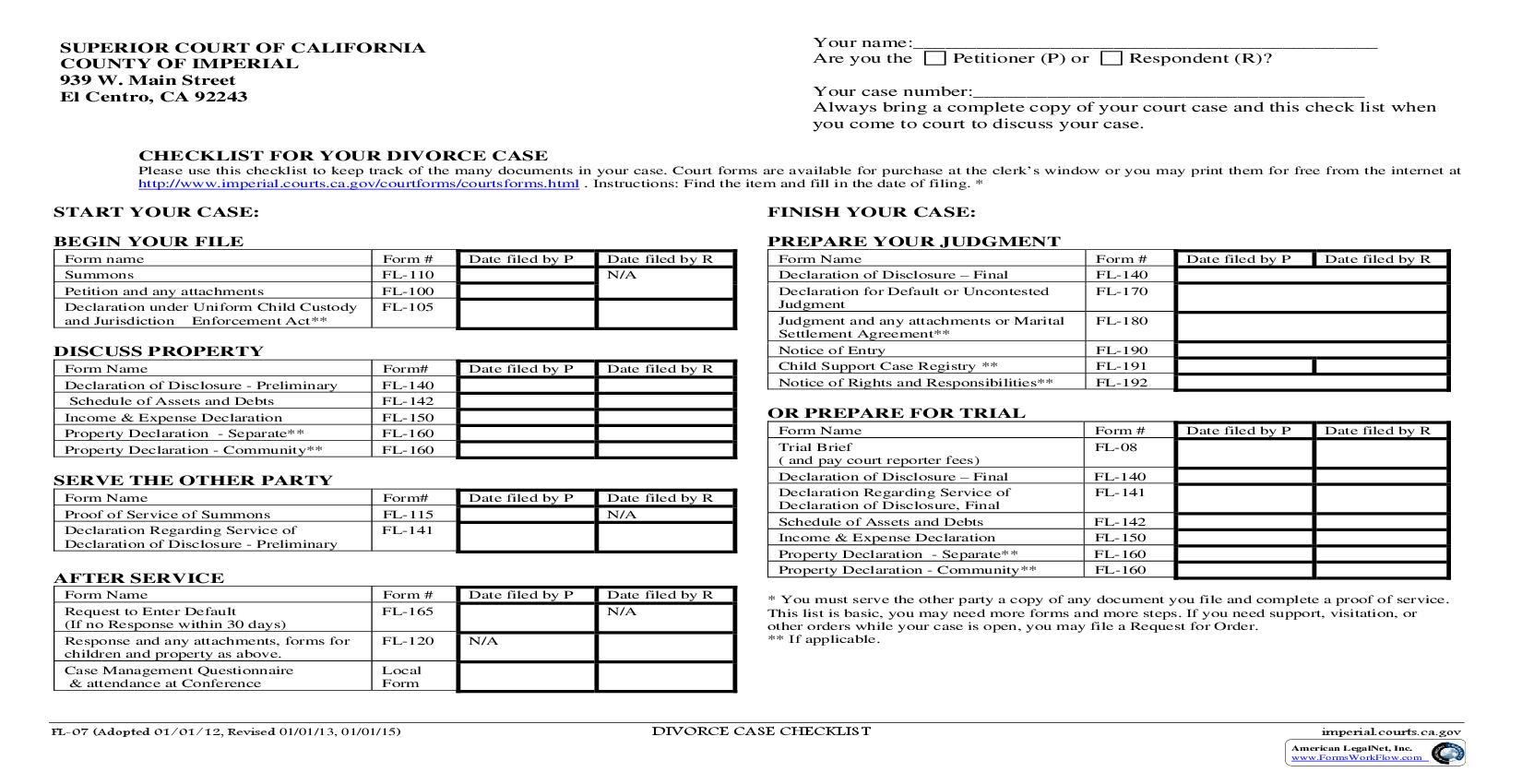 Checklist For Divorce Case {FL-07} | Pdf Fpdf Doc Docx | California