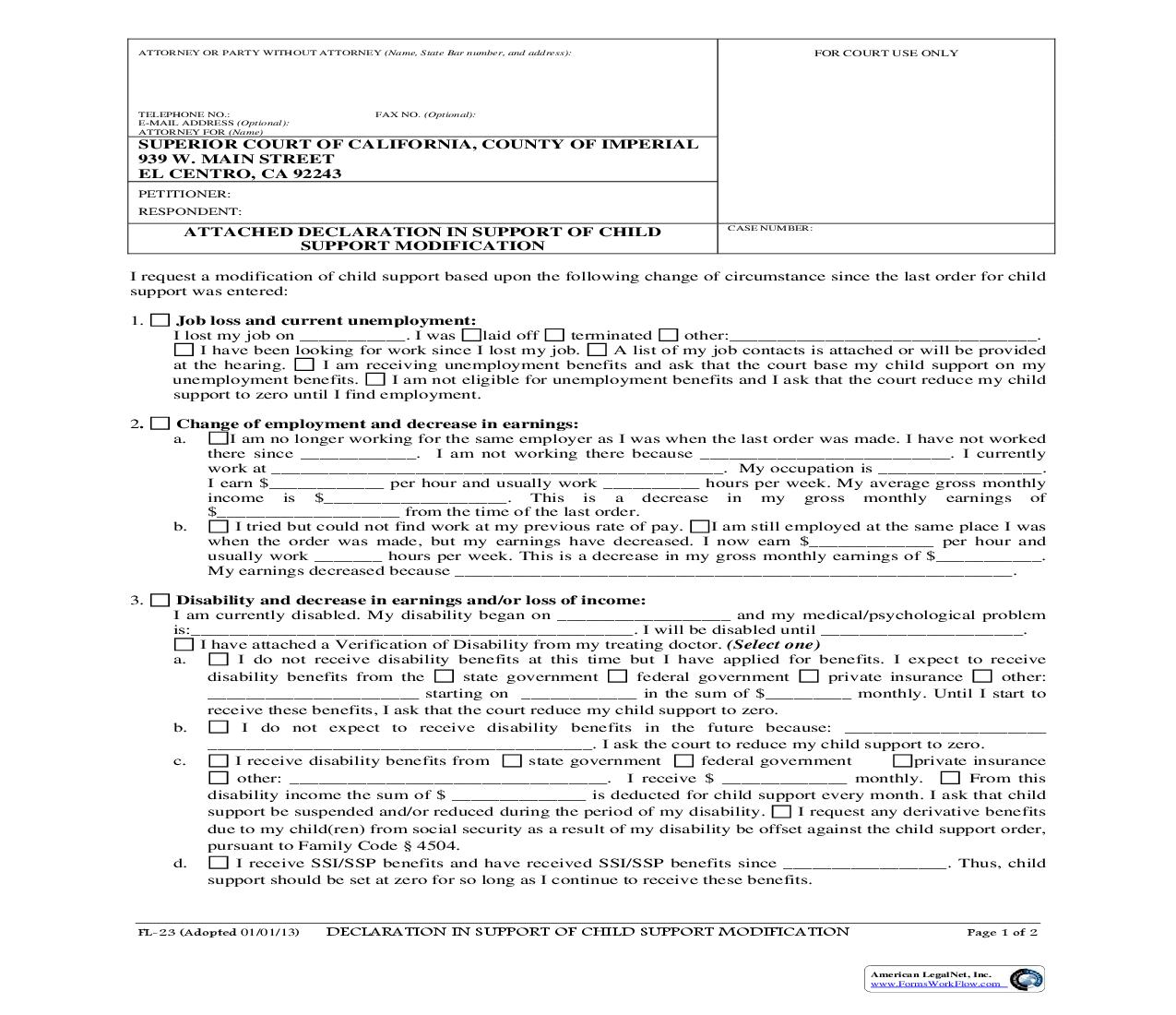Declaration In Support Of Child Support Modification {FL-23} | Pdf Fpdf Doc Docx | California