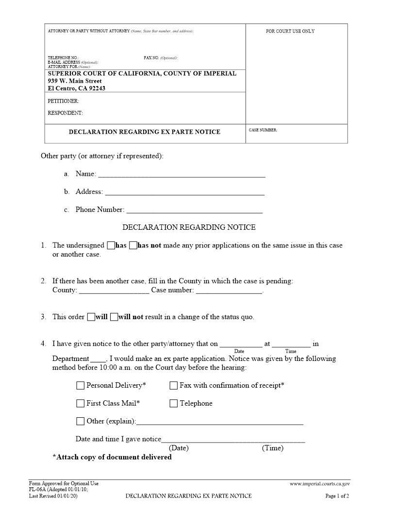 Declaration Regarding Ex Parte Notice {FL-06A} | Pdf Fpdf Doc Docx | California