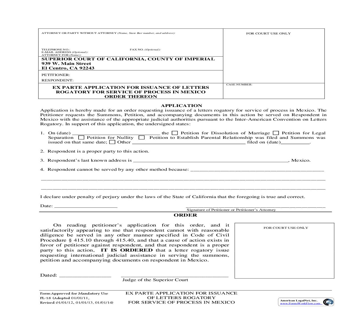 Ex Parte Application For Issuance Of Letters Rogatory For Service {FL-18} | Pdf Fpdf Doc Docx | California