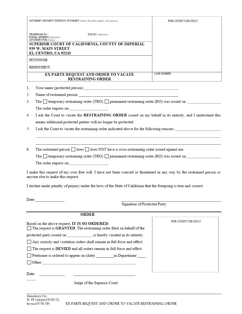 Ex Parte Request And Order To Vacate Restraining Order {FL-19} | Pdf Fpdf Doc Docx | California