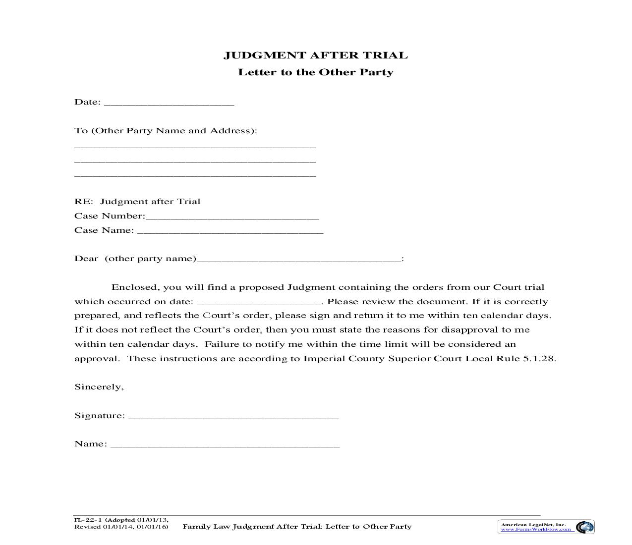 Family Law Judgment After Trial Letter To Other Party {FL-22-1} | Pdf Fpdf Doc Docx | California
