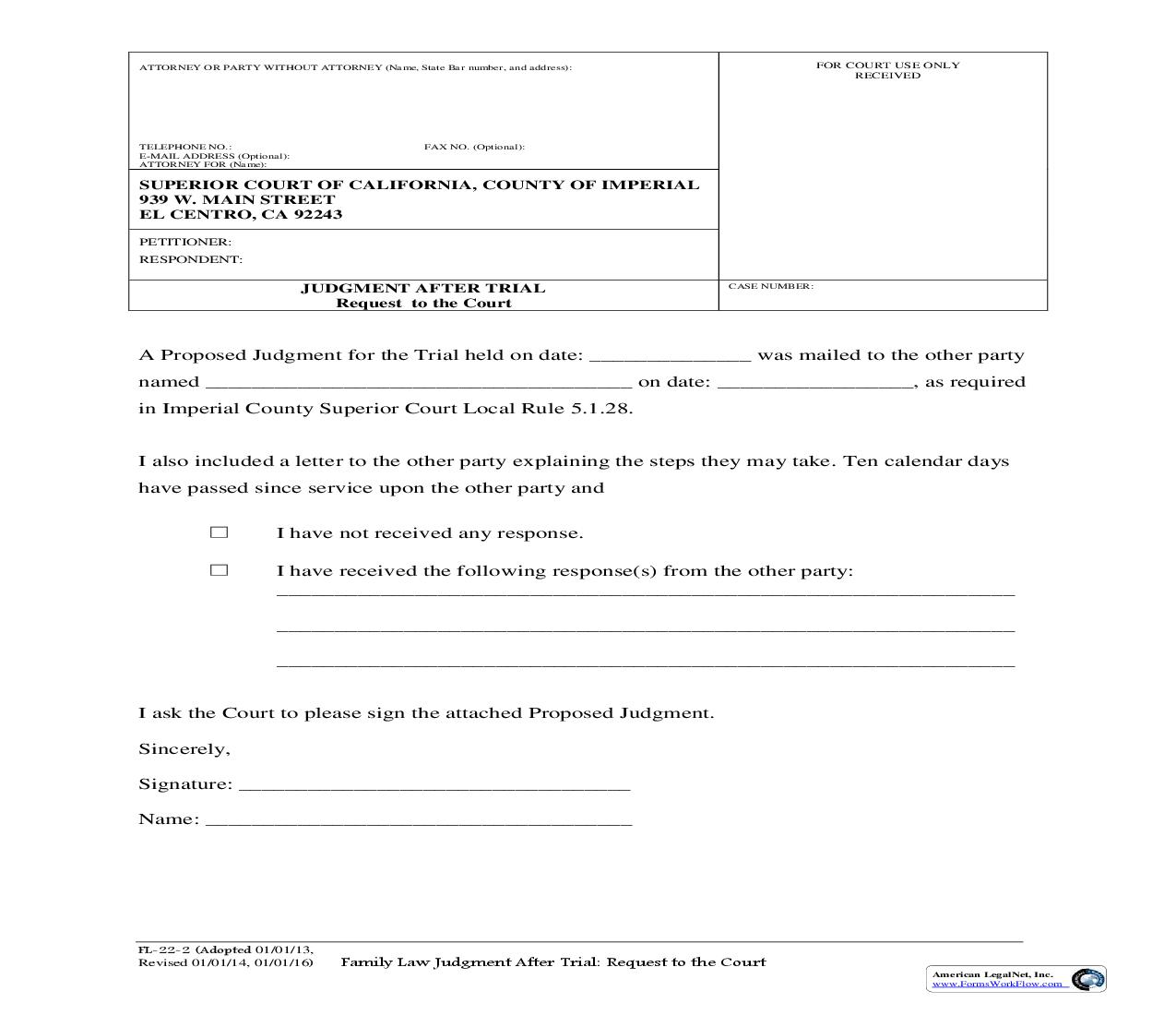 Family Law Judgment After Trial Request To The Court {FL-22-2} | Pdf Fpdf Doc Docx | California