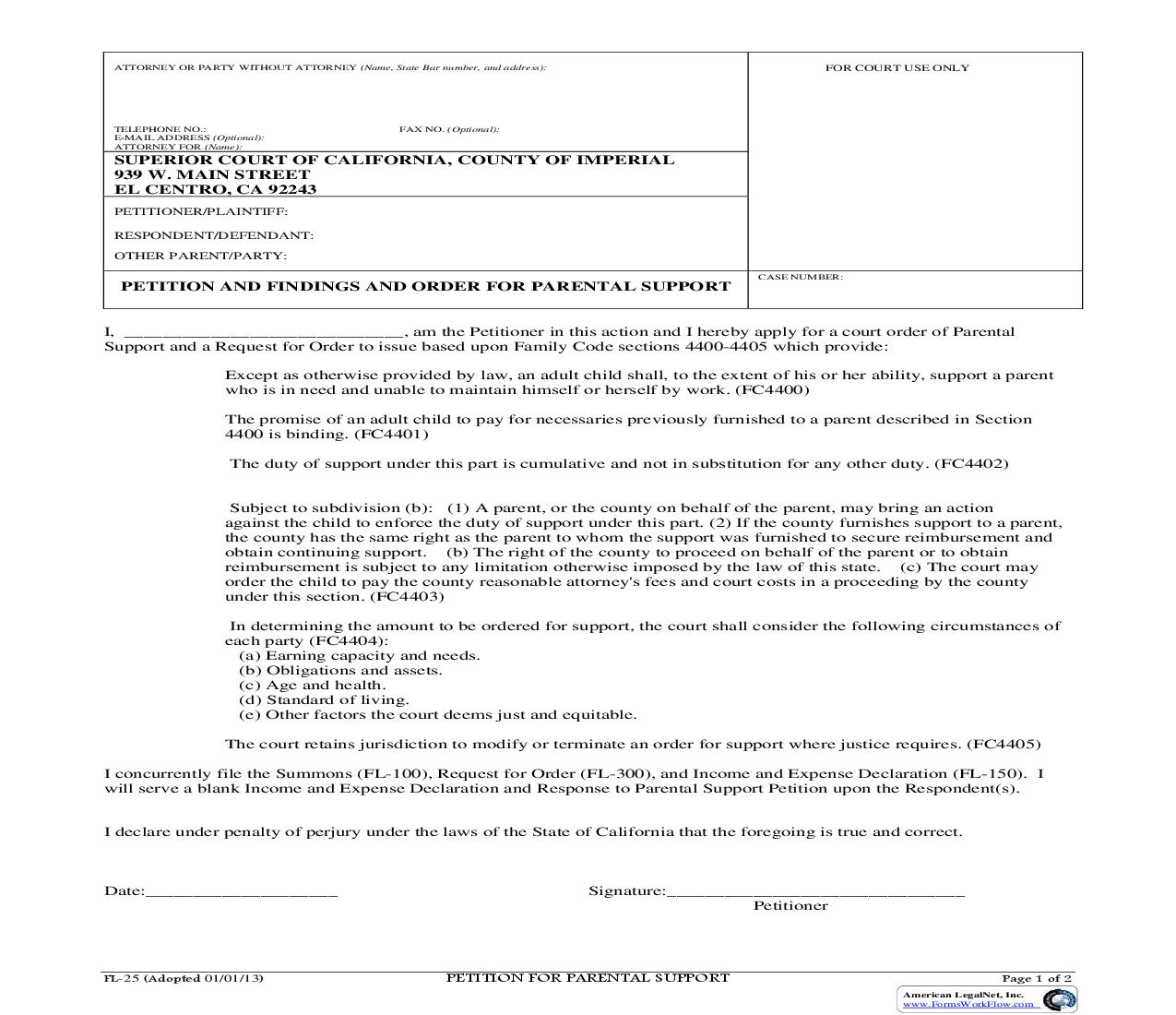 Findings And Order For Parental Support {FL-25} | Pdf Fpdf Doc Docx | California