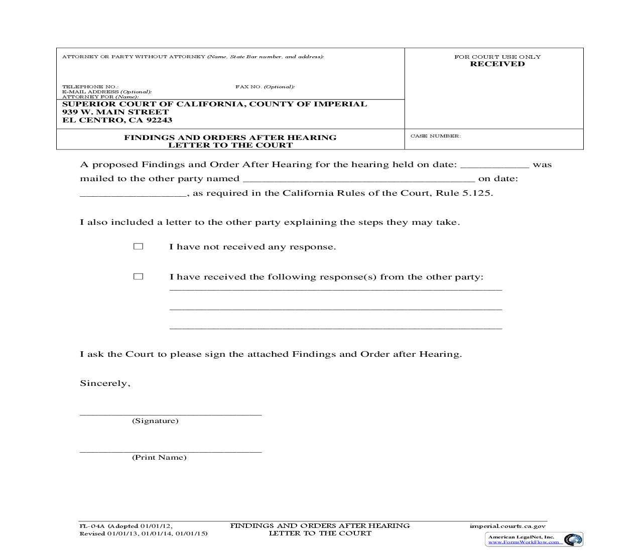 Findings And Orders After Hearing Letter To The Court {FL-04A} | Pdf Fpdf Doc Docx | California