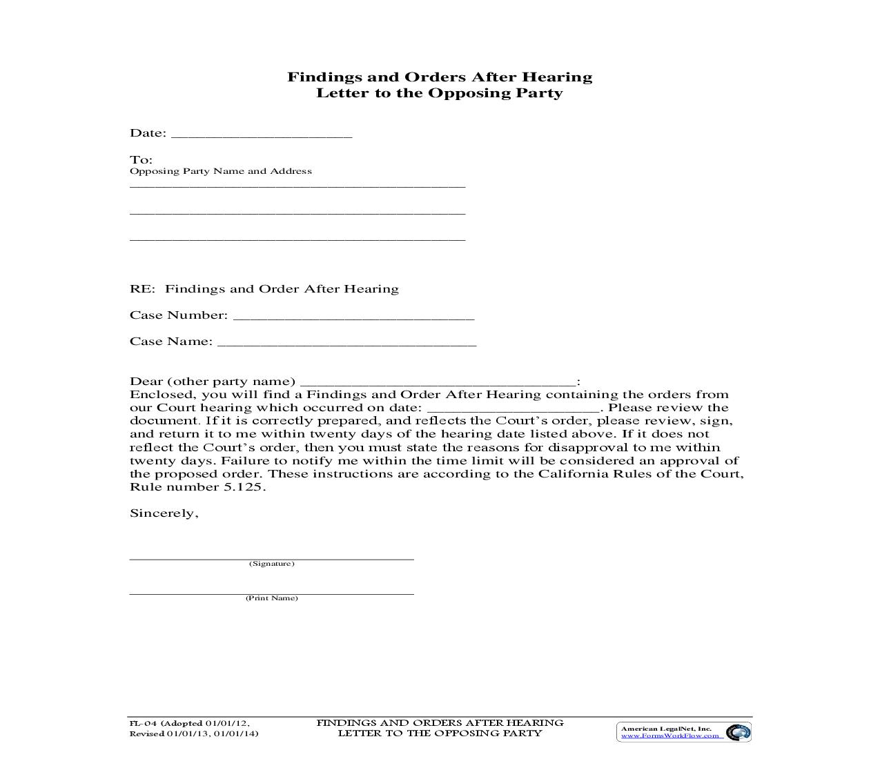 Findings And Orders After Hearing Letter To The Opposing Counsel {FL-04} | Pdf Fpdf Doc Docx | California