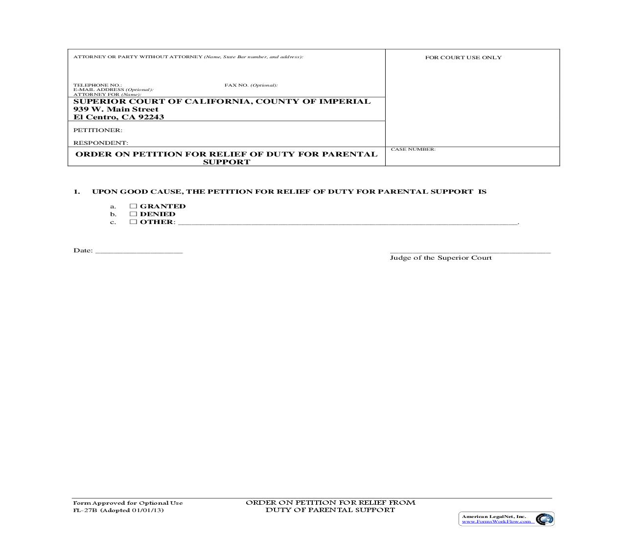 Order On Petition For Relief From Duty Of Parental Support {FL-27B} | Pdf Fpdf Doc Docx | California