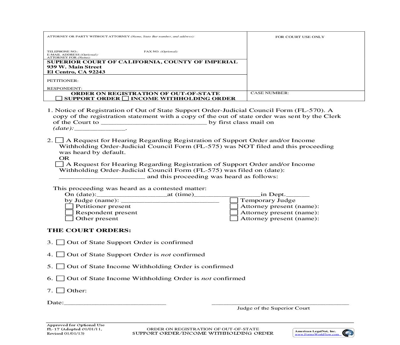 Order On Registration Of Out-Of-State Support Order-Income Witholding Order {FL-17} | Pdf Fpdf Doc Docx | California