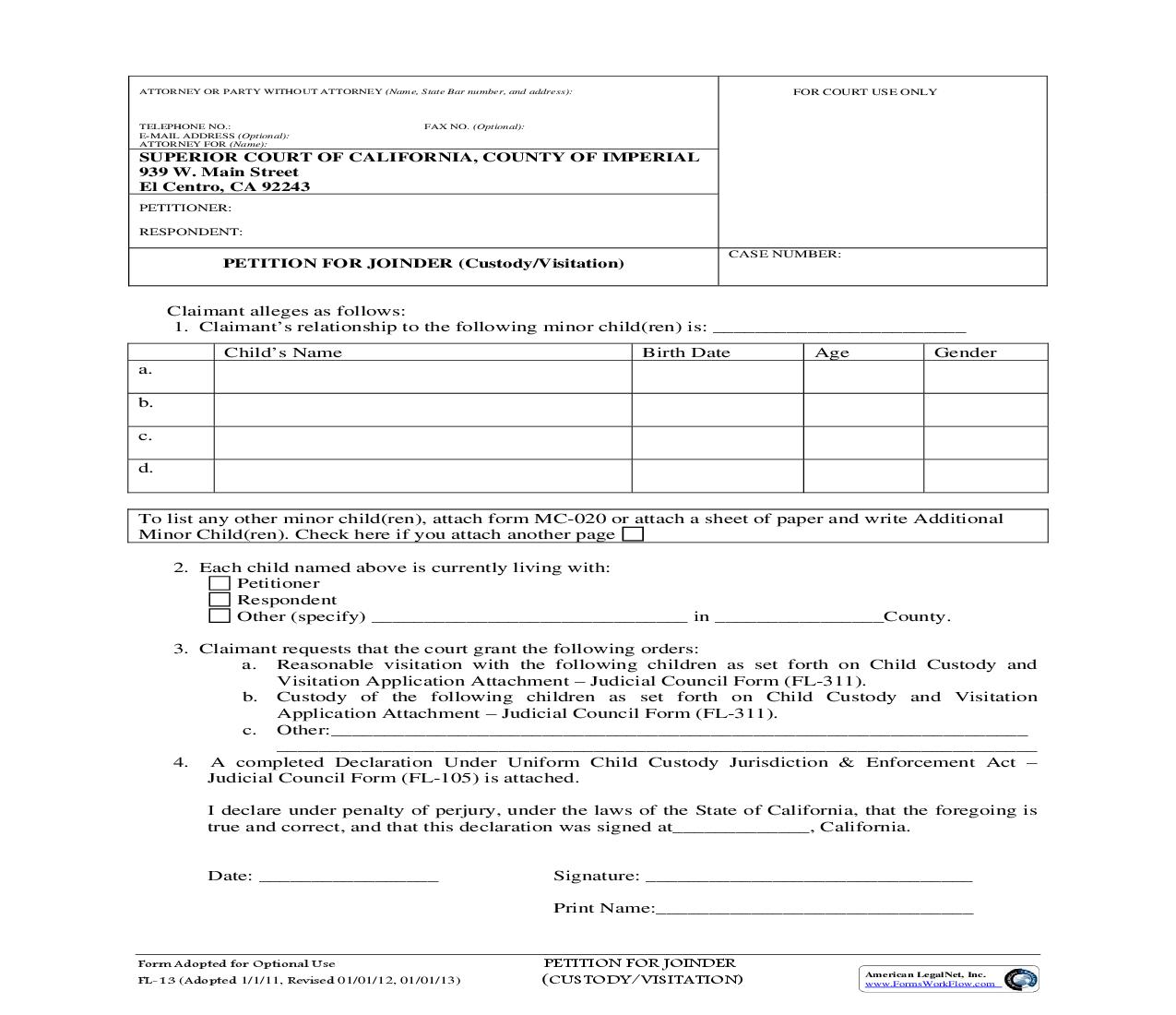 Petition For Joinder (Custody-Visitation) {FL-13} | Pdf Fpdf Doc Docx | California
