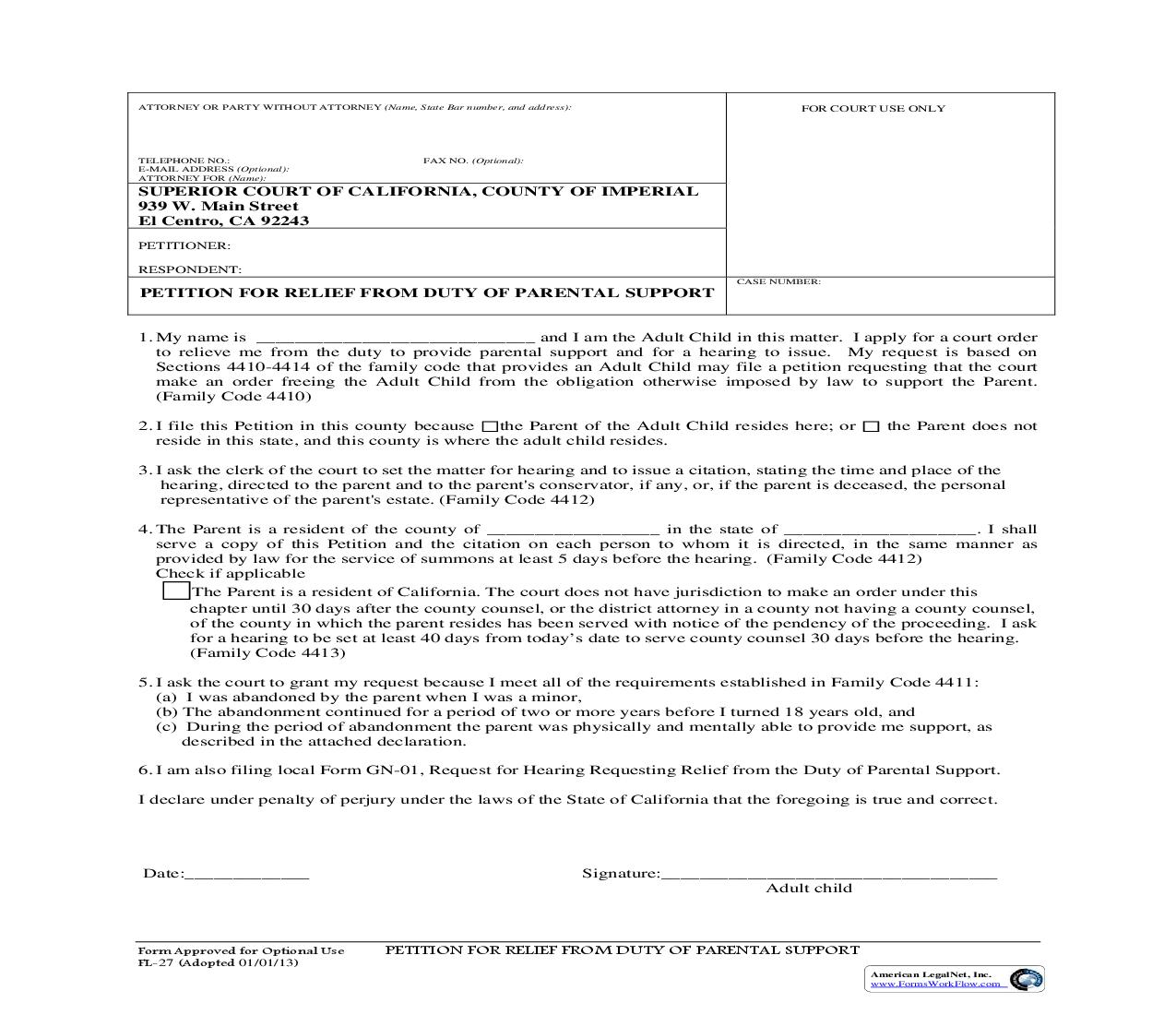 Petition For Relief From Duty Of Parental Support {FL-27} | Pdf Fpdf Doc Docx | California