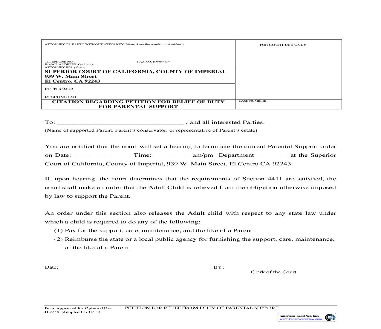 Petition For Relief From Duty Of Parental Support {FL-27A} | Pdf Fpdf Doc Docx | California
