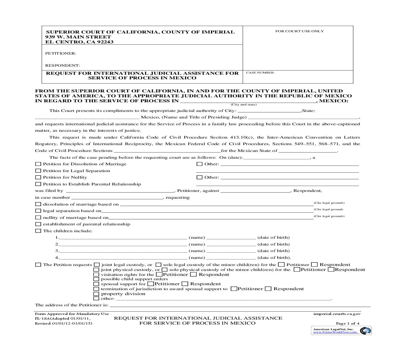 Request For International Judicial Assistance For Service Of Process In Mexico {FL-18A} | Pdf Fpdf Doc Docx | California