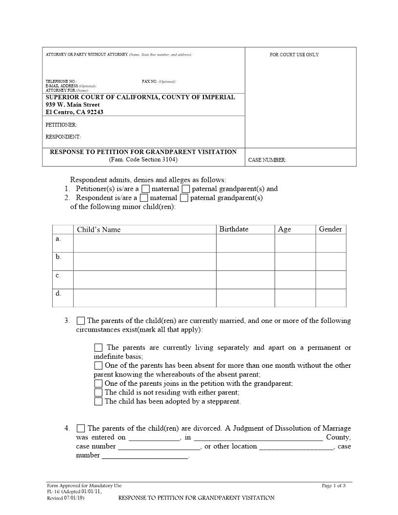 Response To Petition For Grandparent Visitation {FL-16} | Pdf Fpdf Doc Docx | California