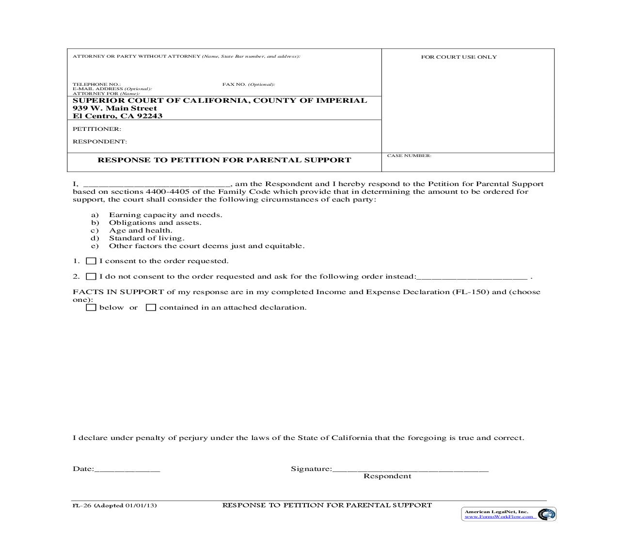 Response To Petition For Parental Support {FL-26} | Pdf Fpdf Doc Docx | California
