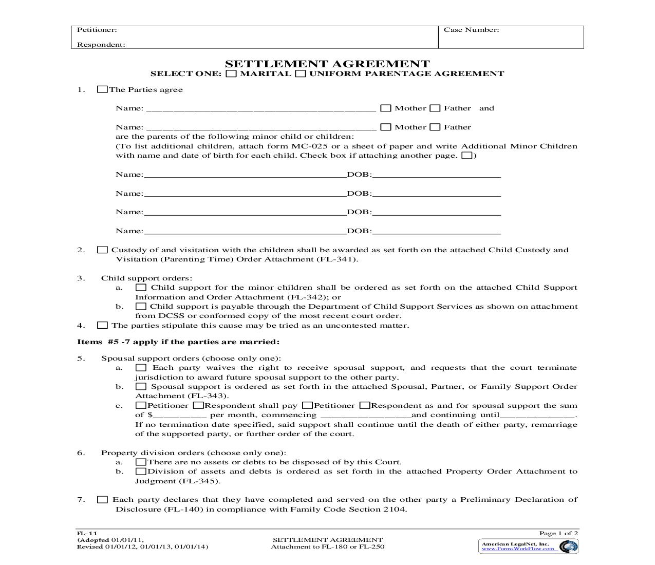 Settlement Agreement {FL-11} | Pdf Fpdf Doc Docx | California