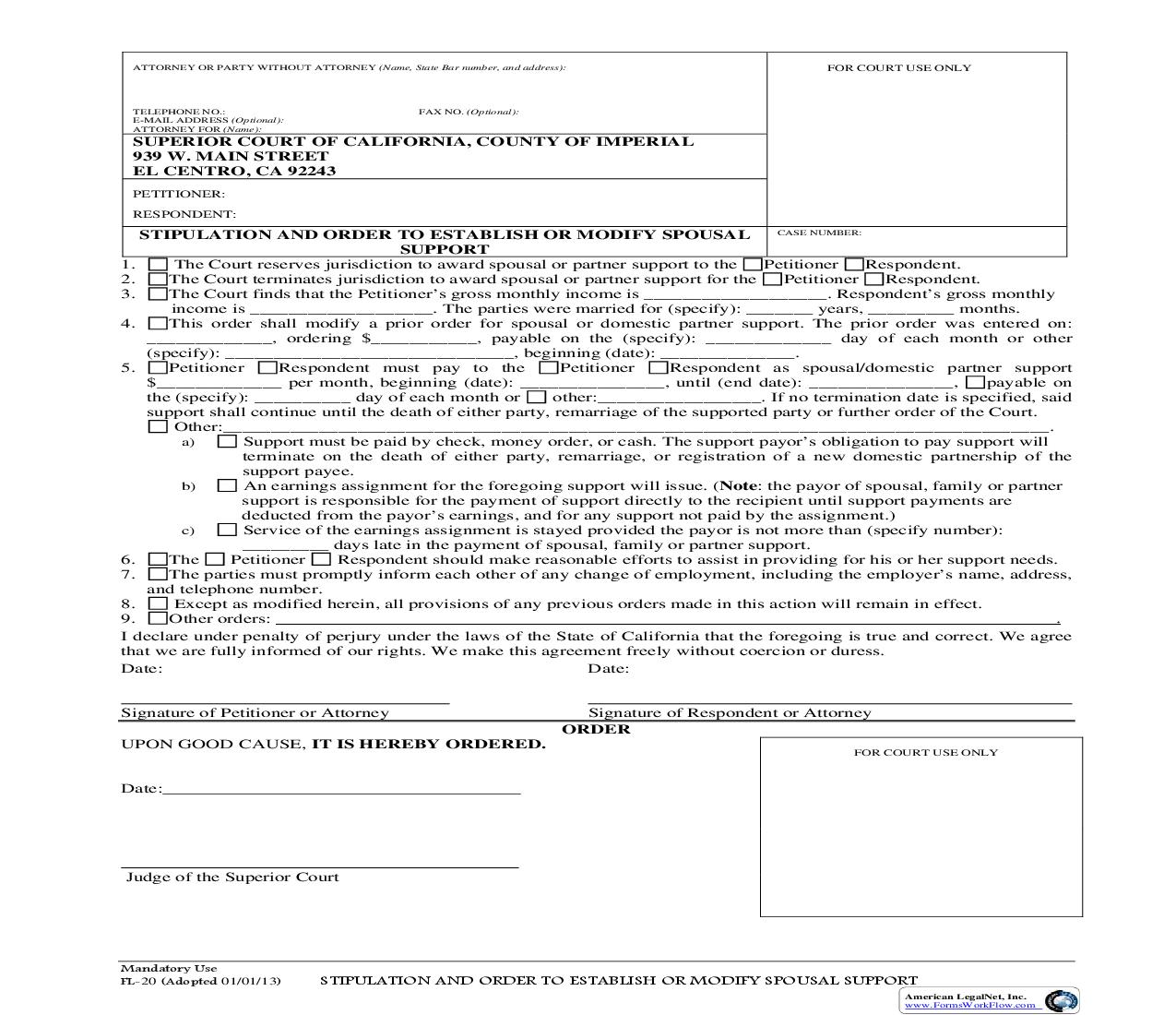 Stipulation And Order To Establish Or Modify Spousal Support {FL-20} | Pdf Fpdf Doc Docx | California