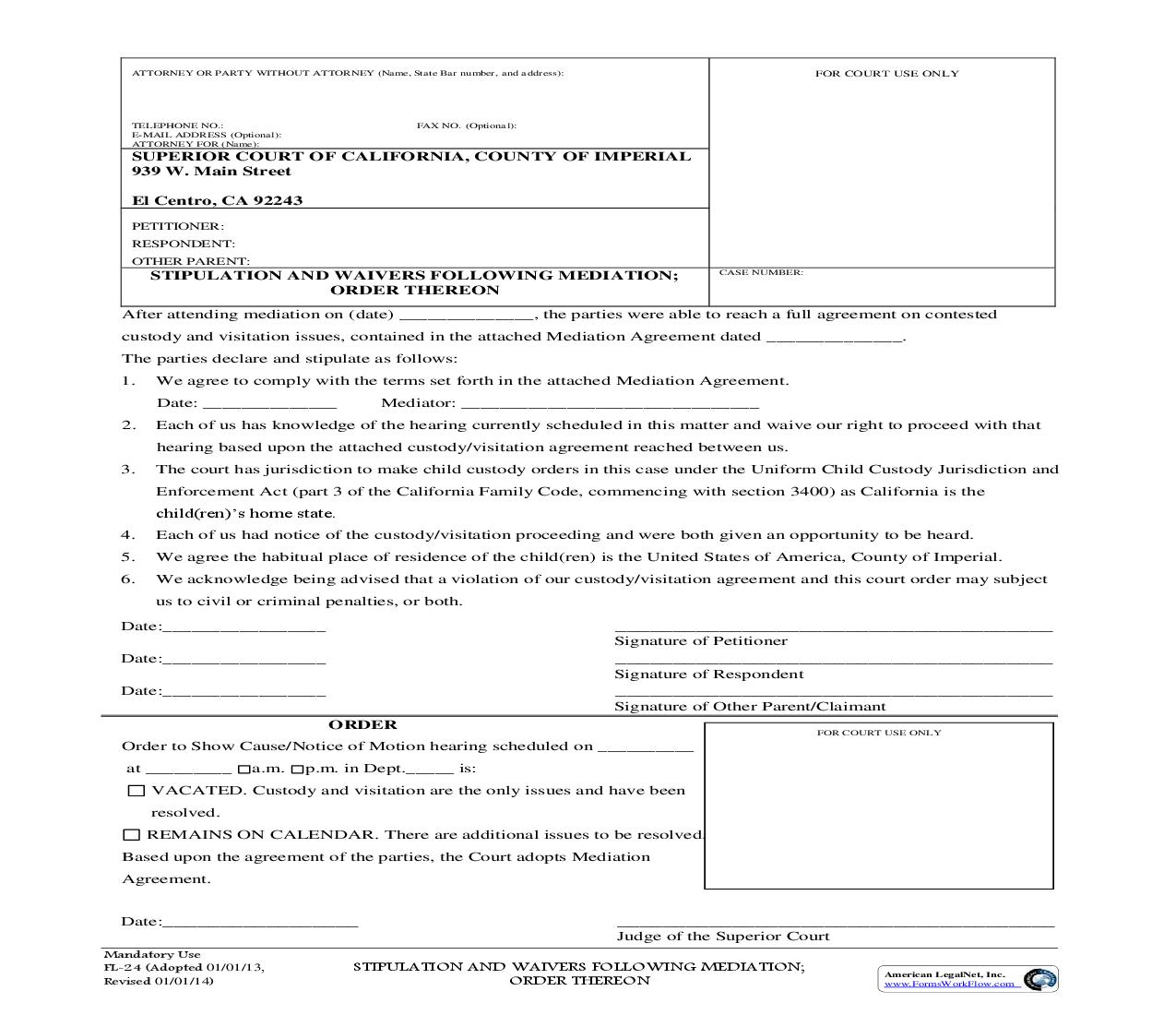 Stipulation And Waivers Following Mediation Order Thereon {FL-24} | Pdf Fpdf Doc Docx | California
