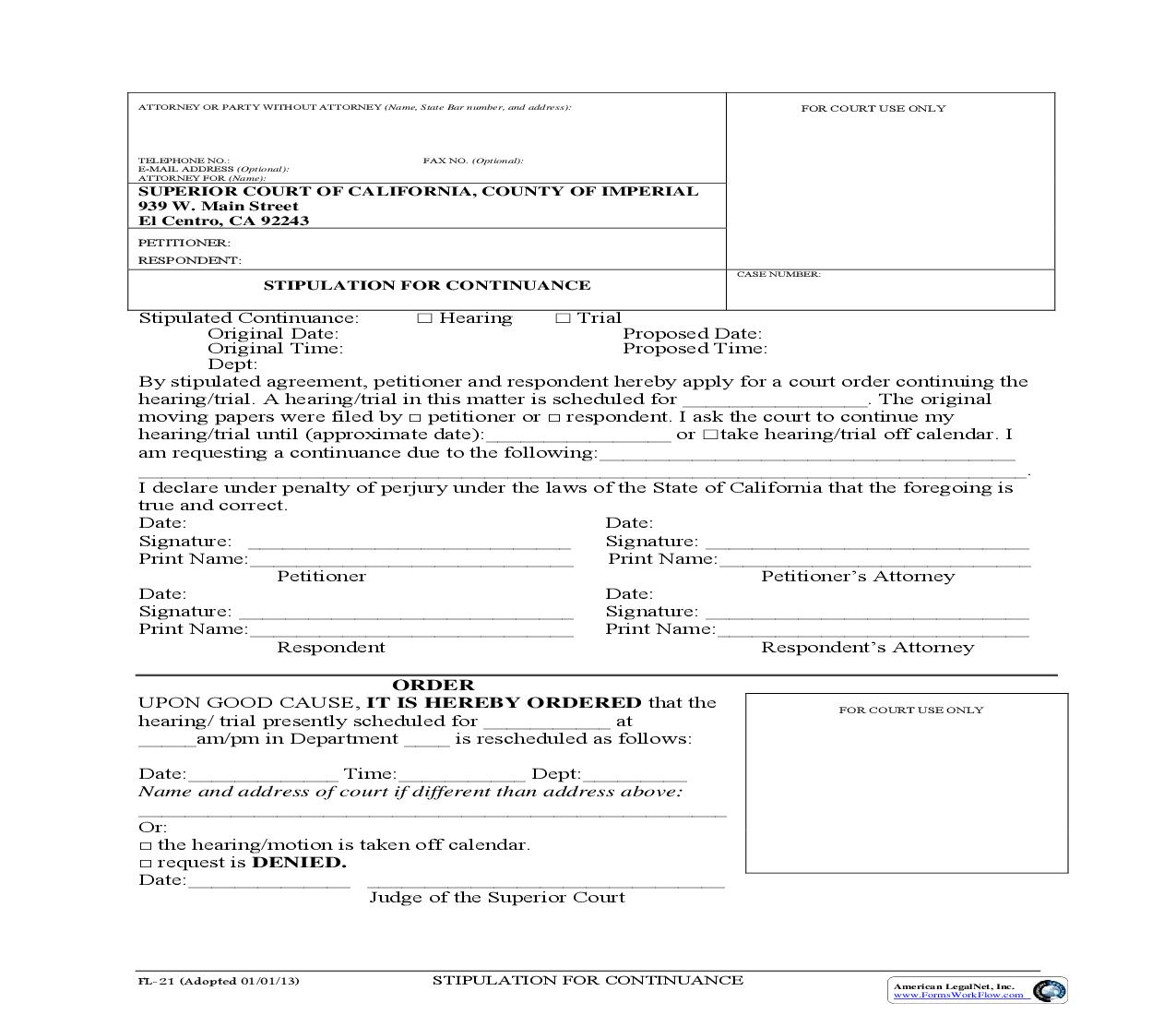 Stipulation For Continuance {FL-21} | Pdf Fpdf Doc Docx | California