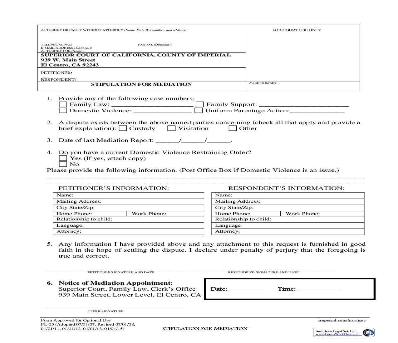 Stipulation For Mediation {FL-05} | Pdf Fpdf Doc Docx | California