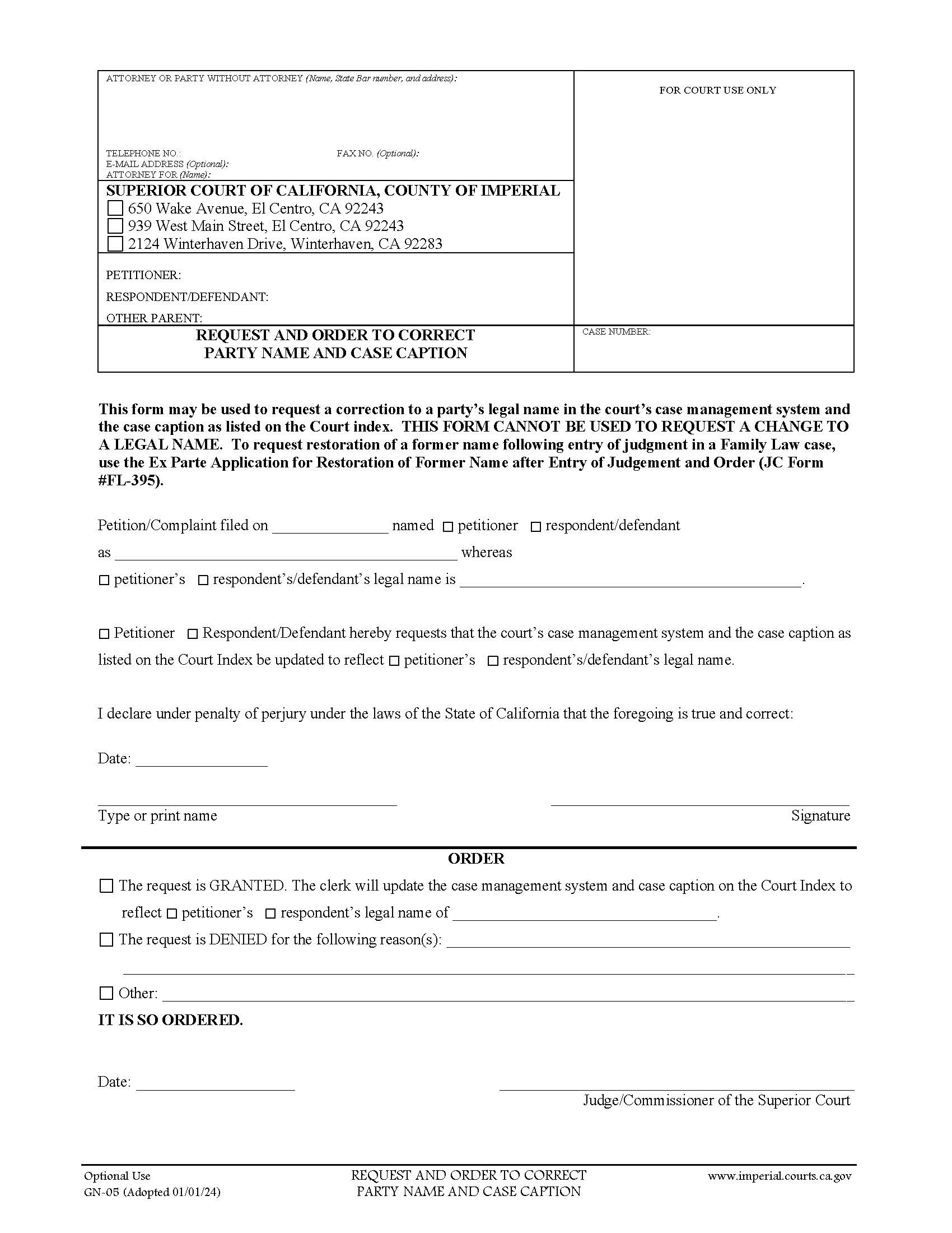 Request And Order To Correct Party Name And Case Caption {GN-05} | Pdf Fpdf Docx | California