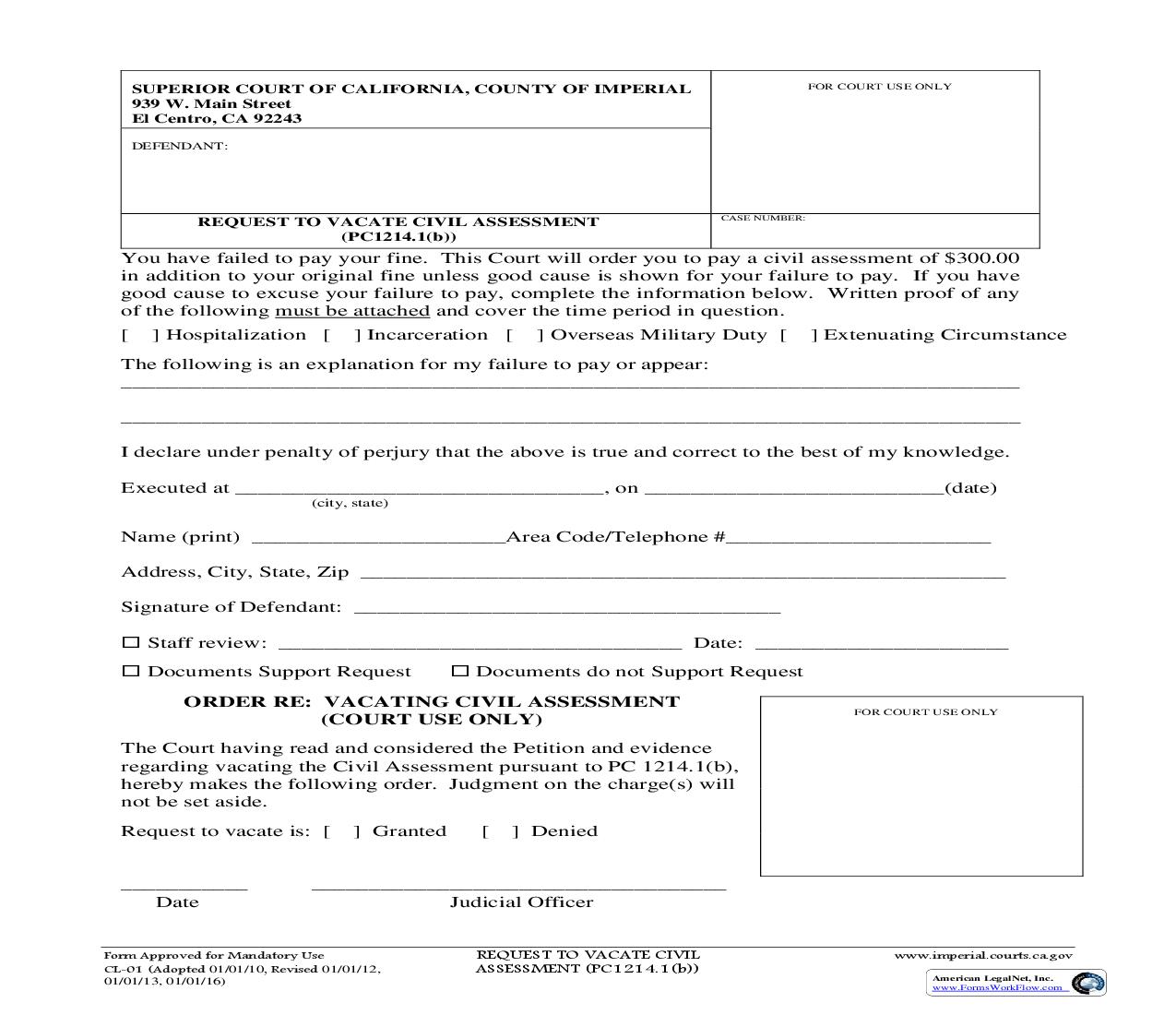 Request To Vacate Civil Assessment {CL-01} | Pdf Fpdf Doc Docx | California