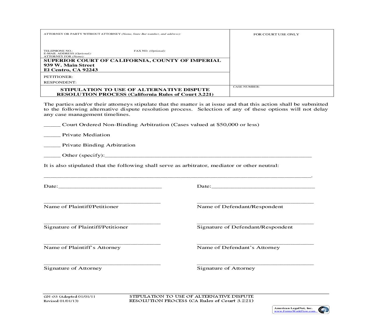 Stipulation To Use Alternative Dispute Resolution Process {GN-03} | Pdf Fpdf Doc Docx | California