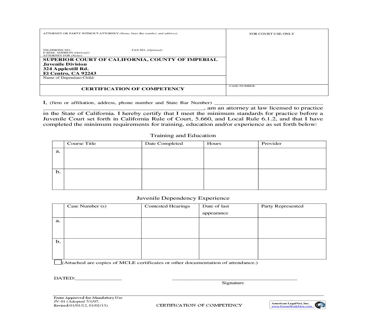 Certification Of Competency {JV-01} | Pdf Fpdf Doc Docx | California