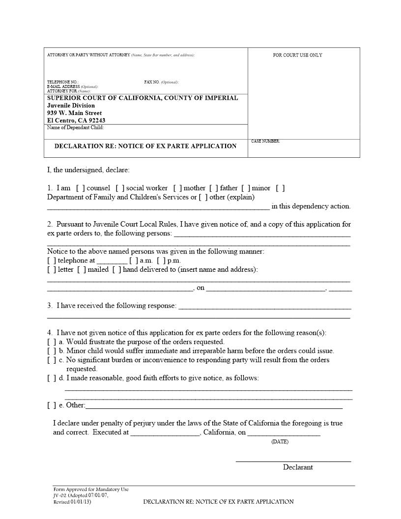 Declaration Re Notice Ex Parte Application {JV-02} | Pdf Fpdf Doc Docx | California
