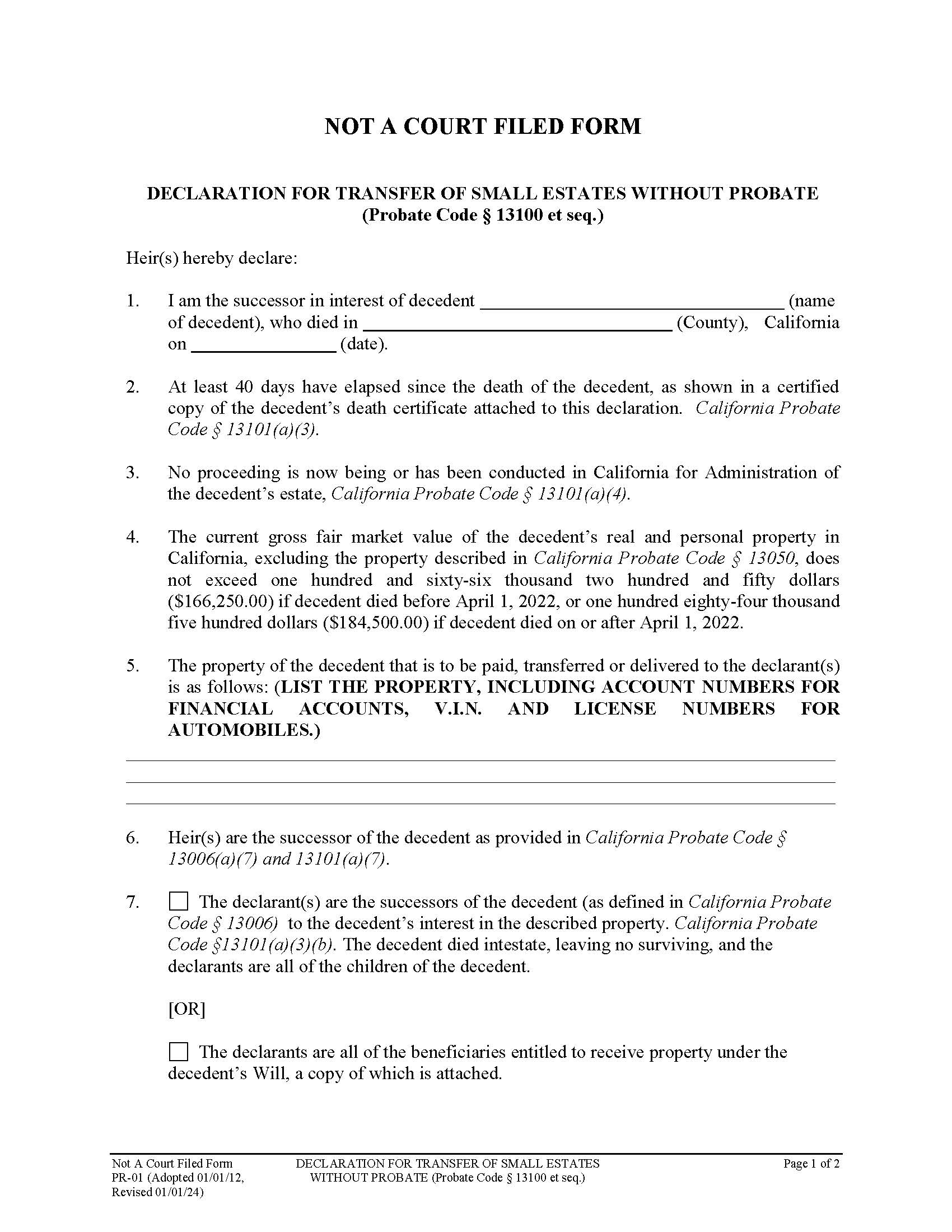 Declaration For Transfer Of Small Estates Without Probate {PR-01} | Pdf Fpdf Doc Docx | California