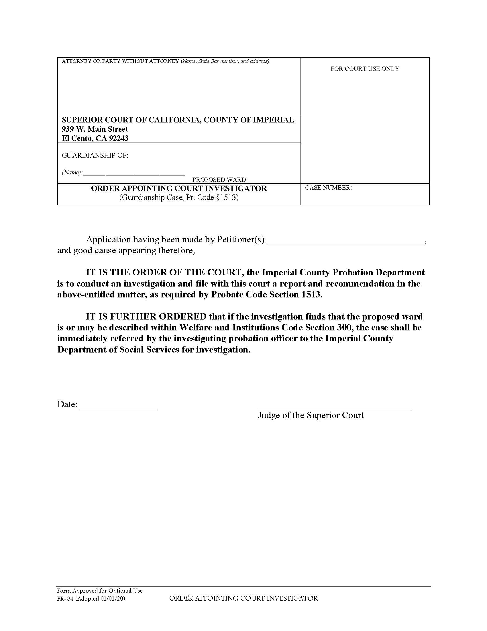 Order Appointing Court Investigator {PR-04} | Pdf Fpdf Docx | California