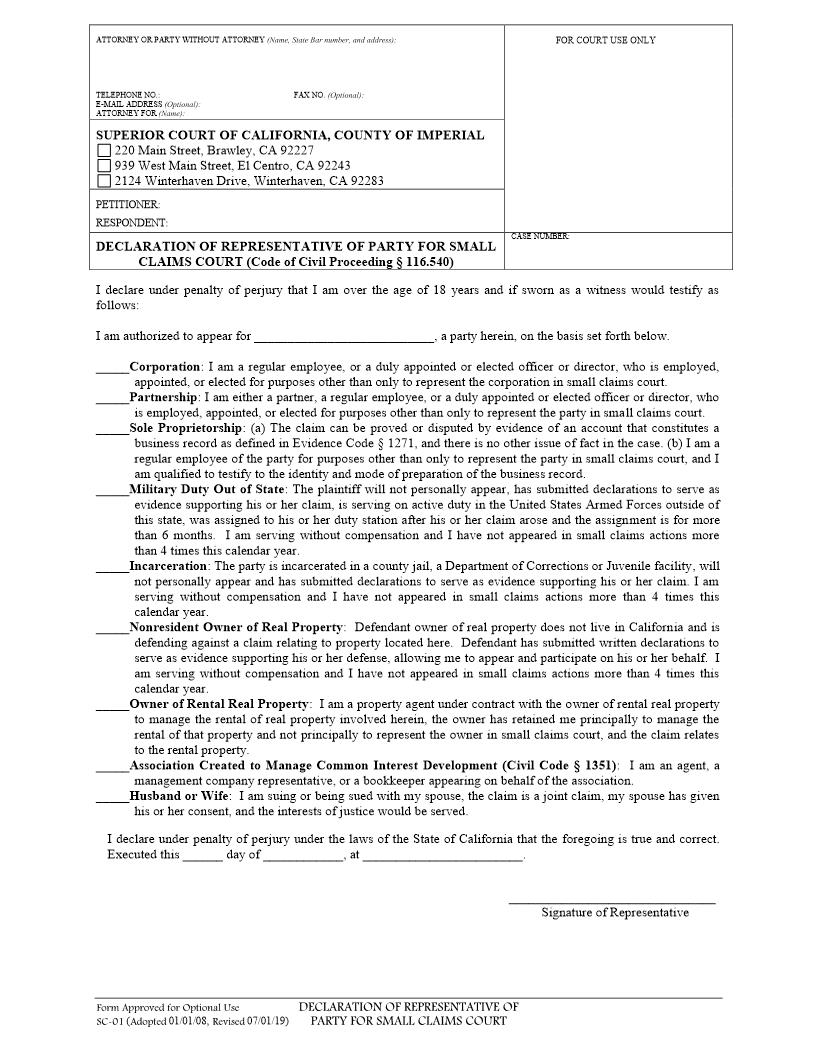 Declaration Of Representative Of Party For Small Claims Court {SC-01} | Pdf Fpdf Doc Docx | California