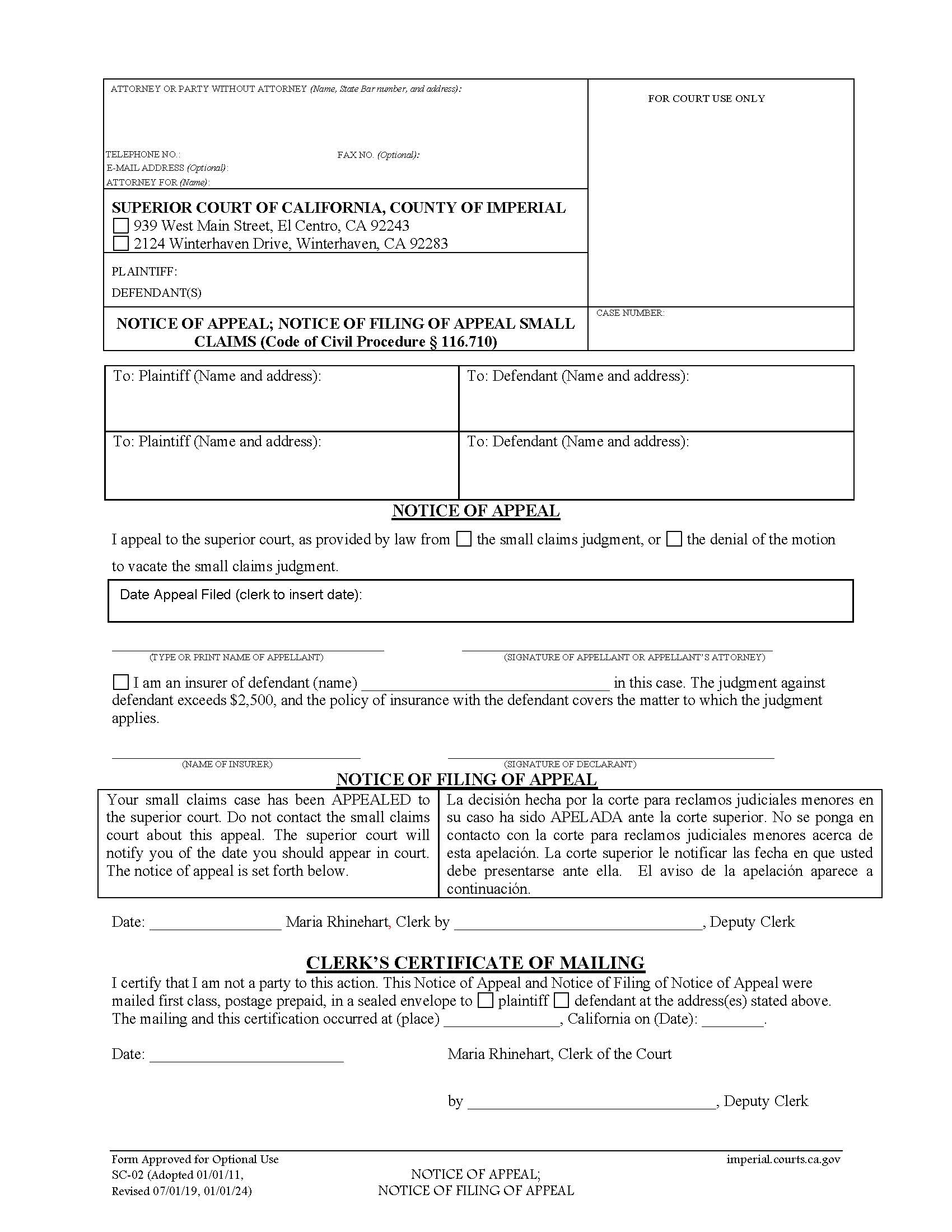 Notice Of Appeal Notice Of Filing Of Appeal Small Claims {SC-02} | Pdf Fpdf Doc Docx | California