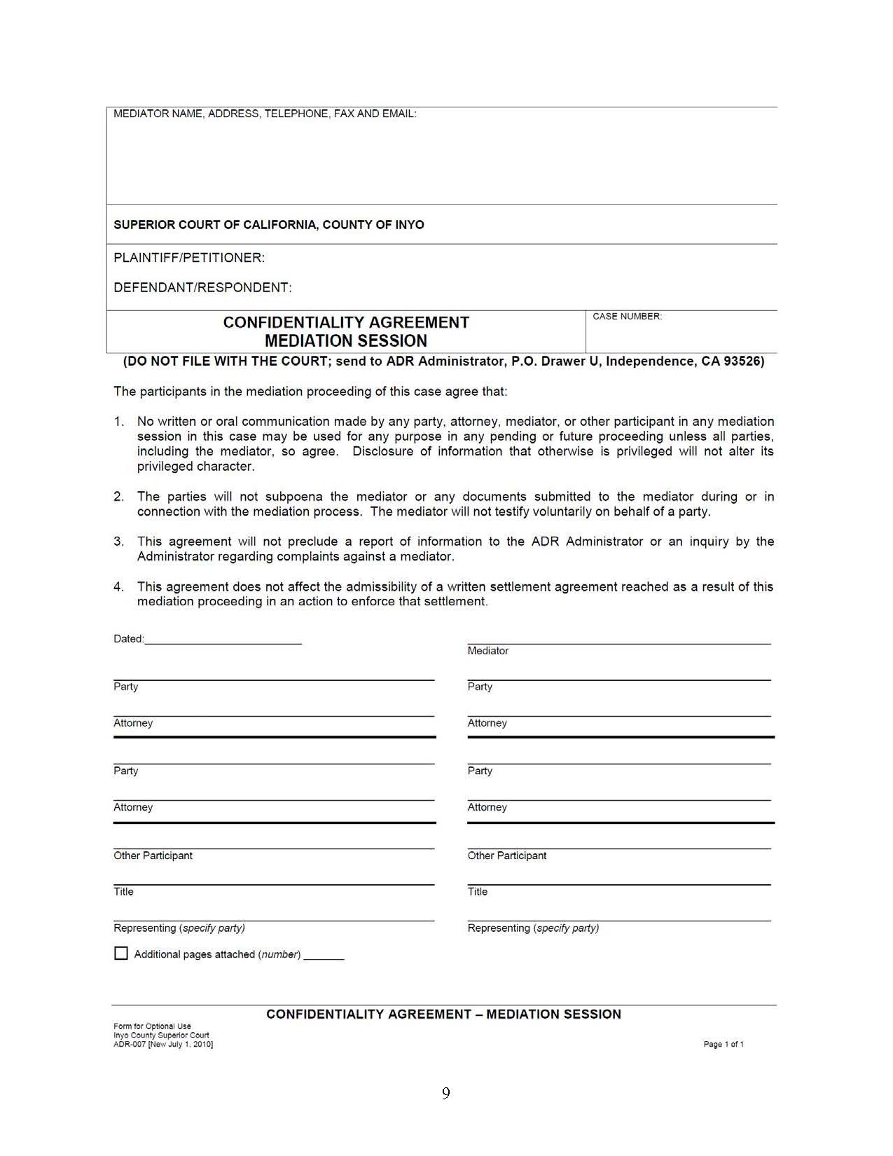 Confidentiality Agreement-Mediation Session {ADR-007} | Pdf Fpdf Docx | California