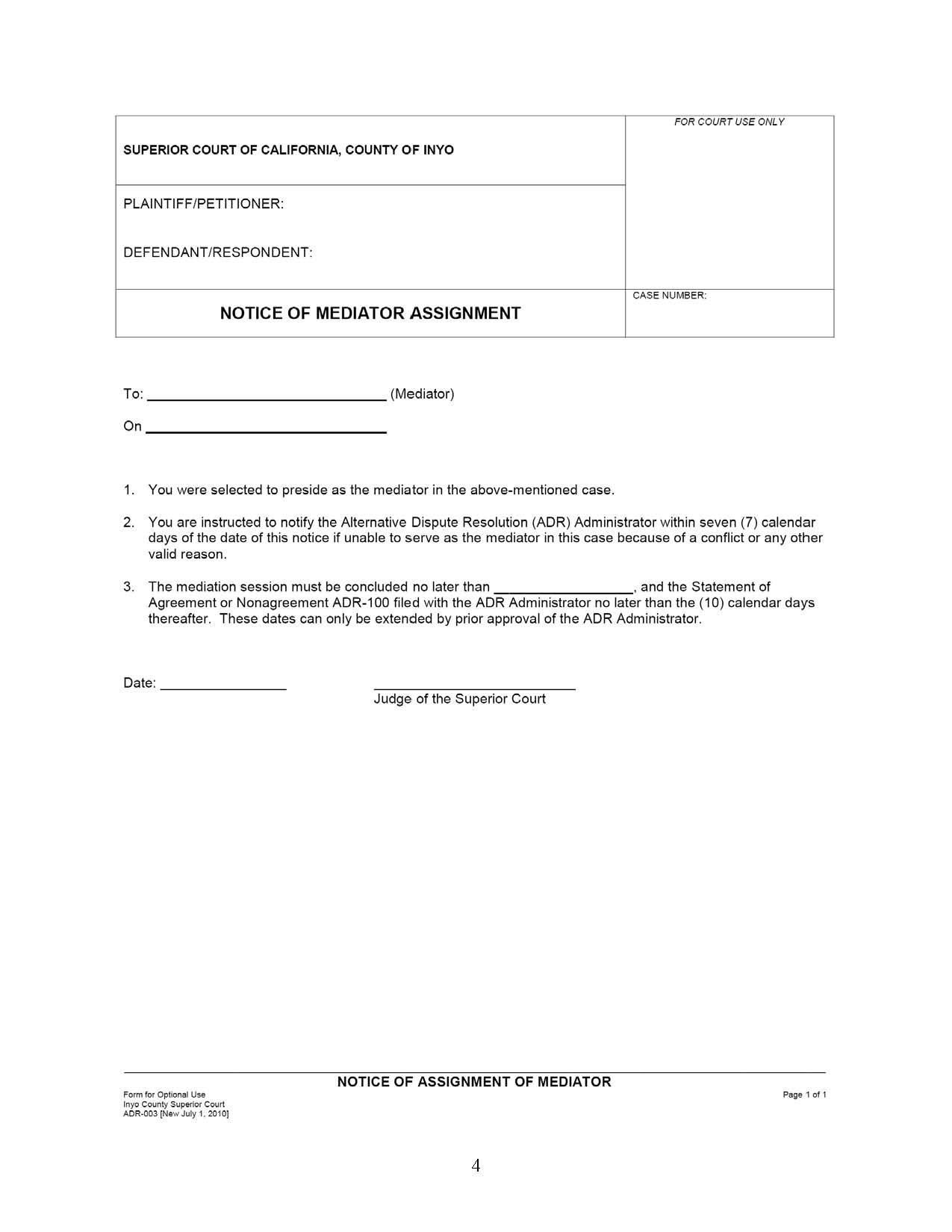 Notice Of Assignment Of Mediator {ADR-003} | Pdf Fpdf Docx | California