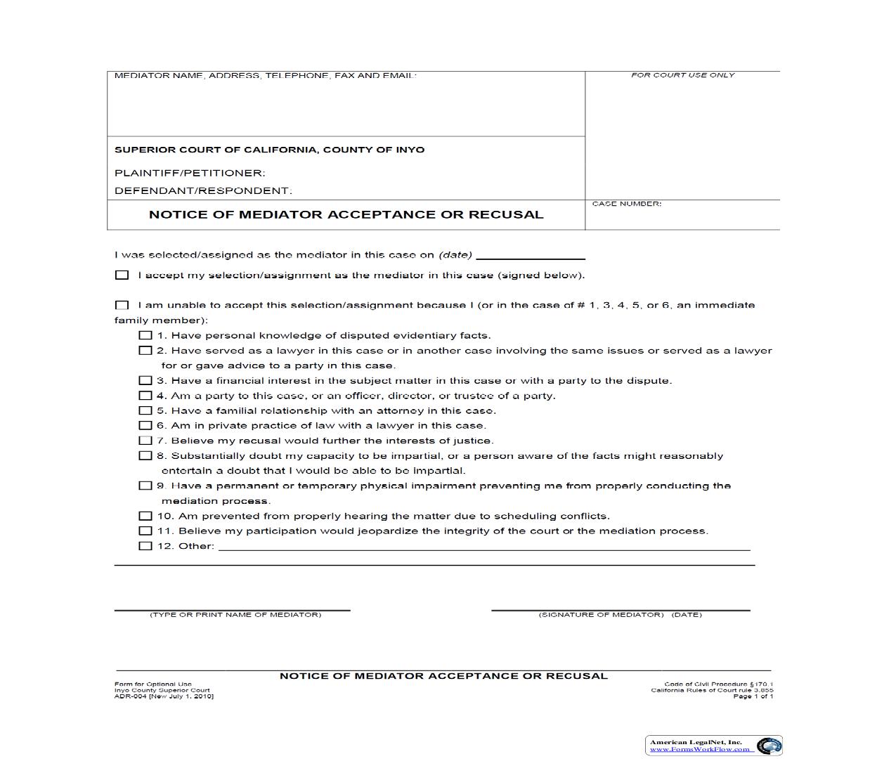 Notice Of Mediator Acceptance Or Recusal {ADR-004} | Pdf Fpdf Docx | California