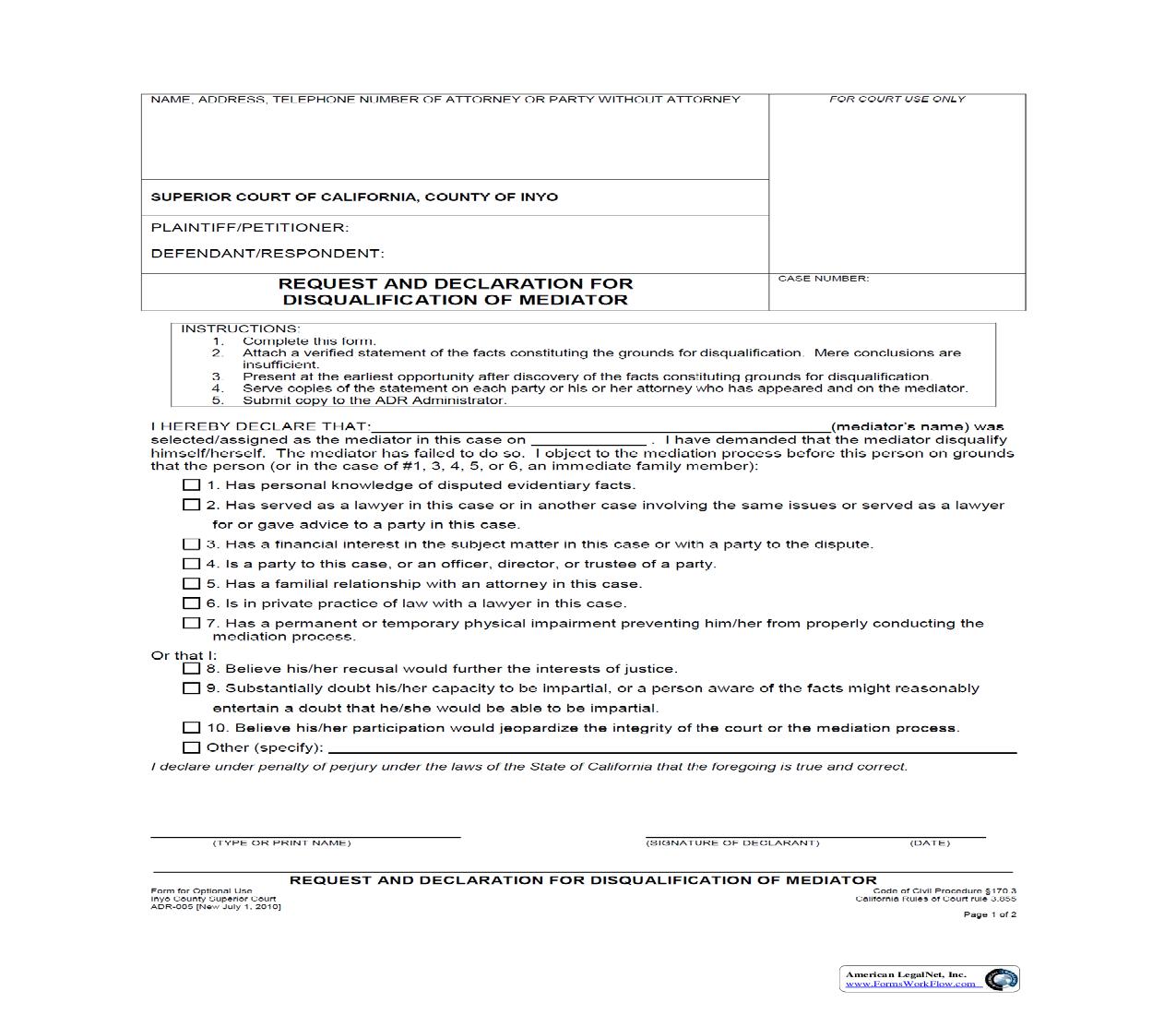 Request And Declaration For Disqualification Of Mediator {ADR-005} | Pdf Fpdf Docx | California