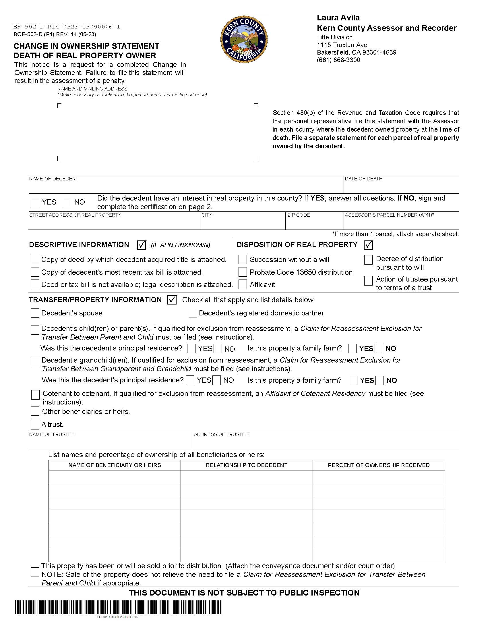 Change In Ownership Statement Death Of Real Property Owner (Kern) {BOE-502-D} | Pdf Fpdf Docx | California