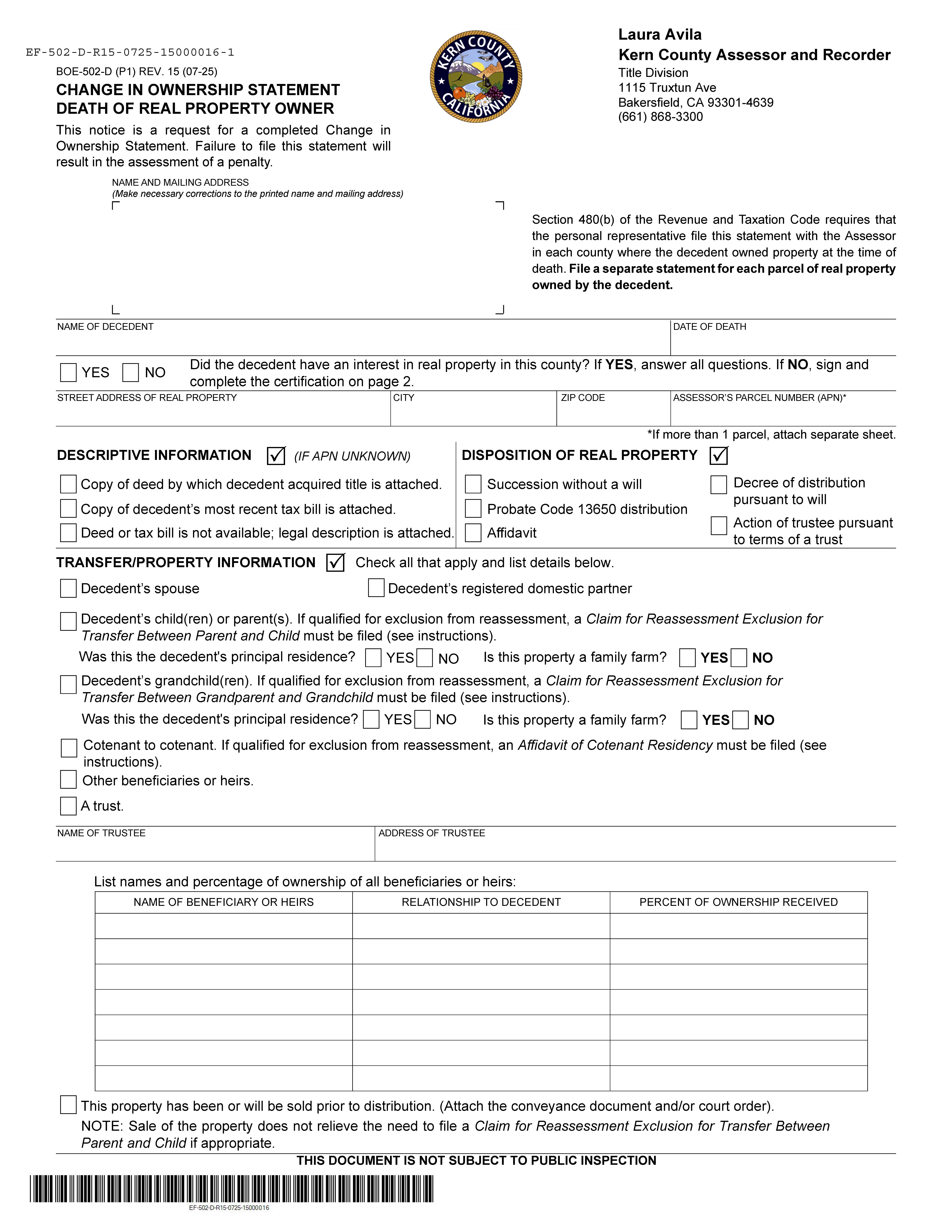 Change In Ownership Statement Death Of Real Property Owner (Kern) {BOE-502-D} | Pdf Fpdf Docx | California