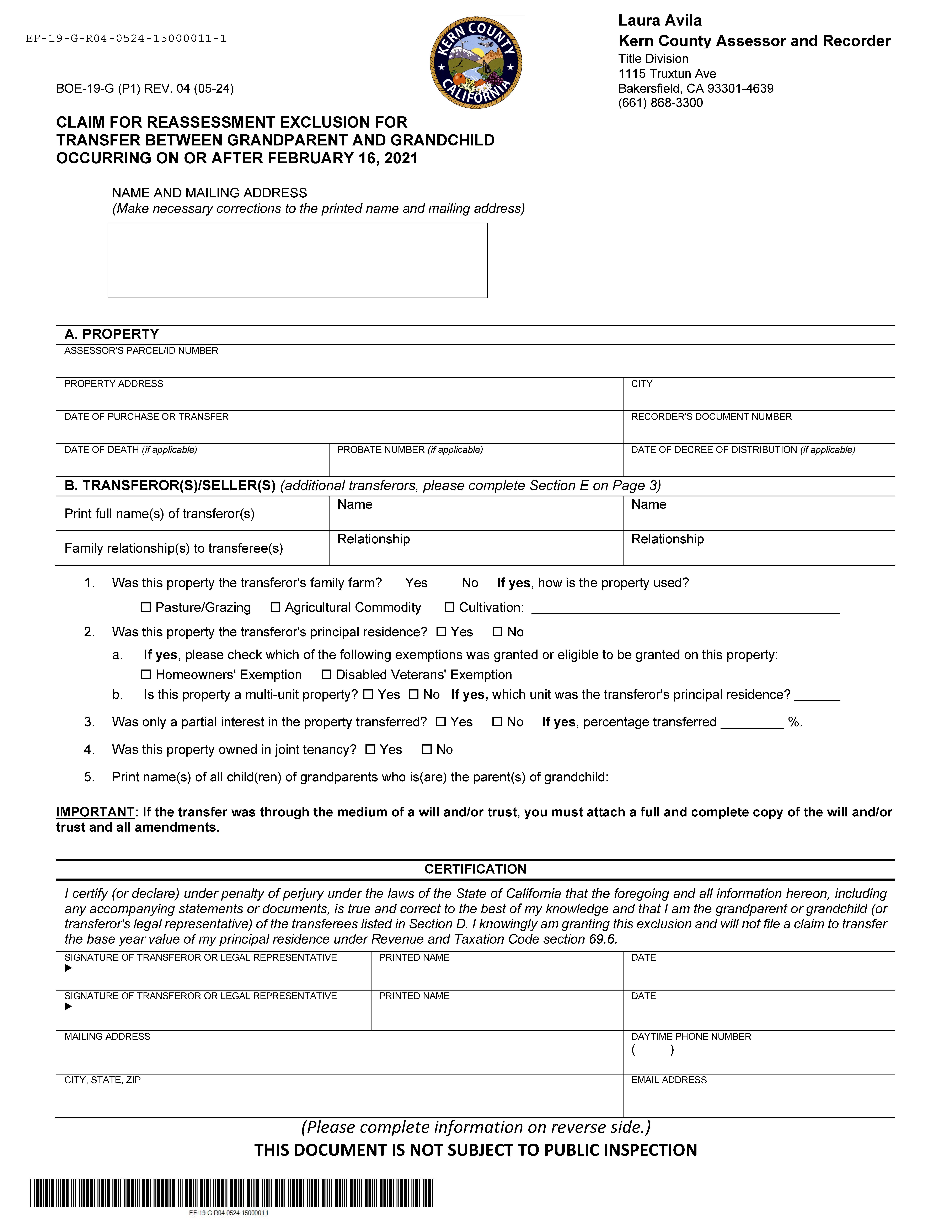 Claim For Reassessment Exclusion For Transfer Between Grandparent And Grandchild (Kern) {BOE-19-G} | Pdf Fpdf Docx | California