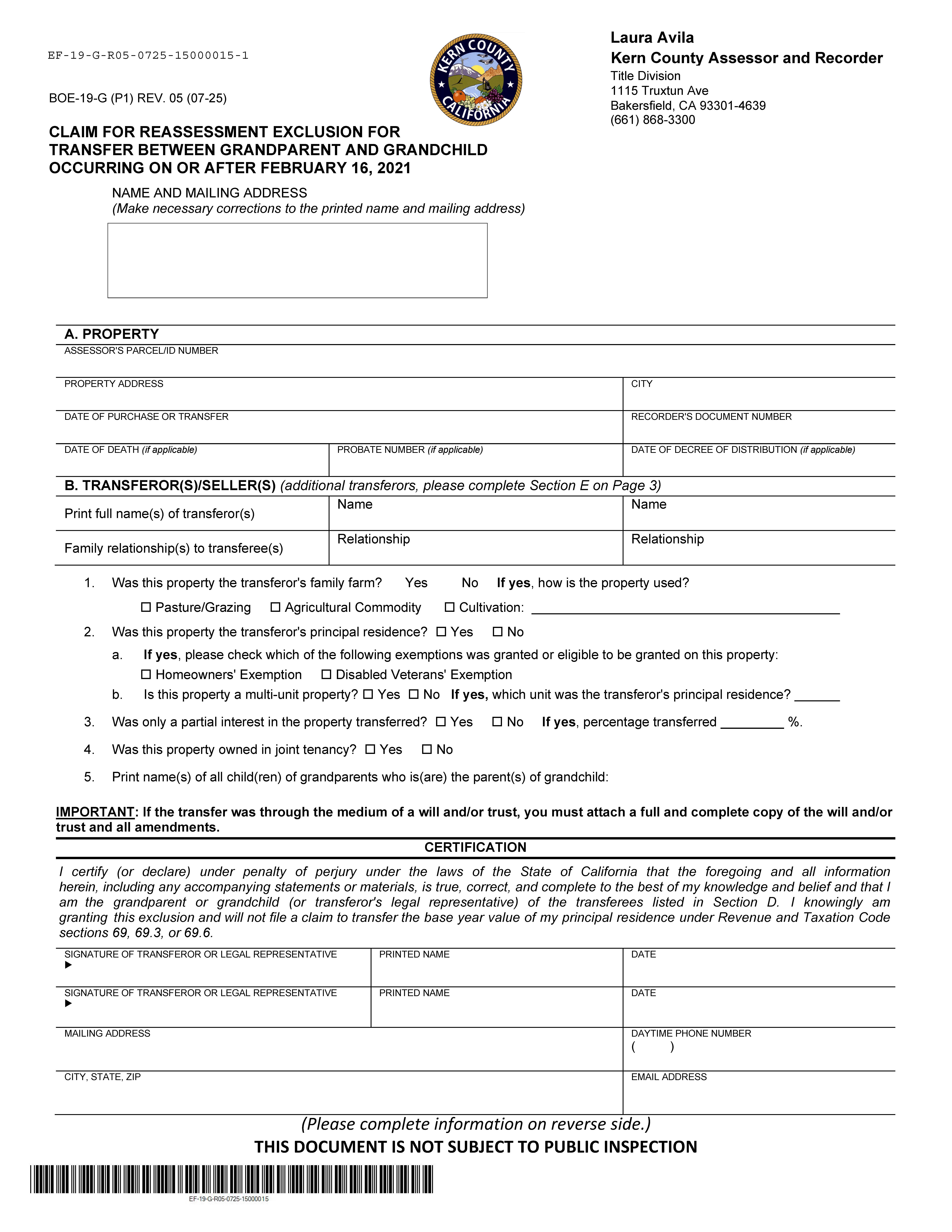 Claim For Reassessment Exclusion For Transfer Between Grandparent And Grandchild (Kern) {BOE-19-G} | Pdf Fpdf Docx | California
