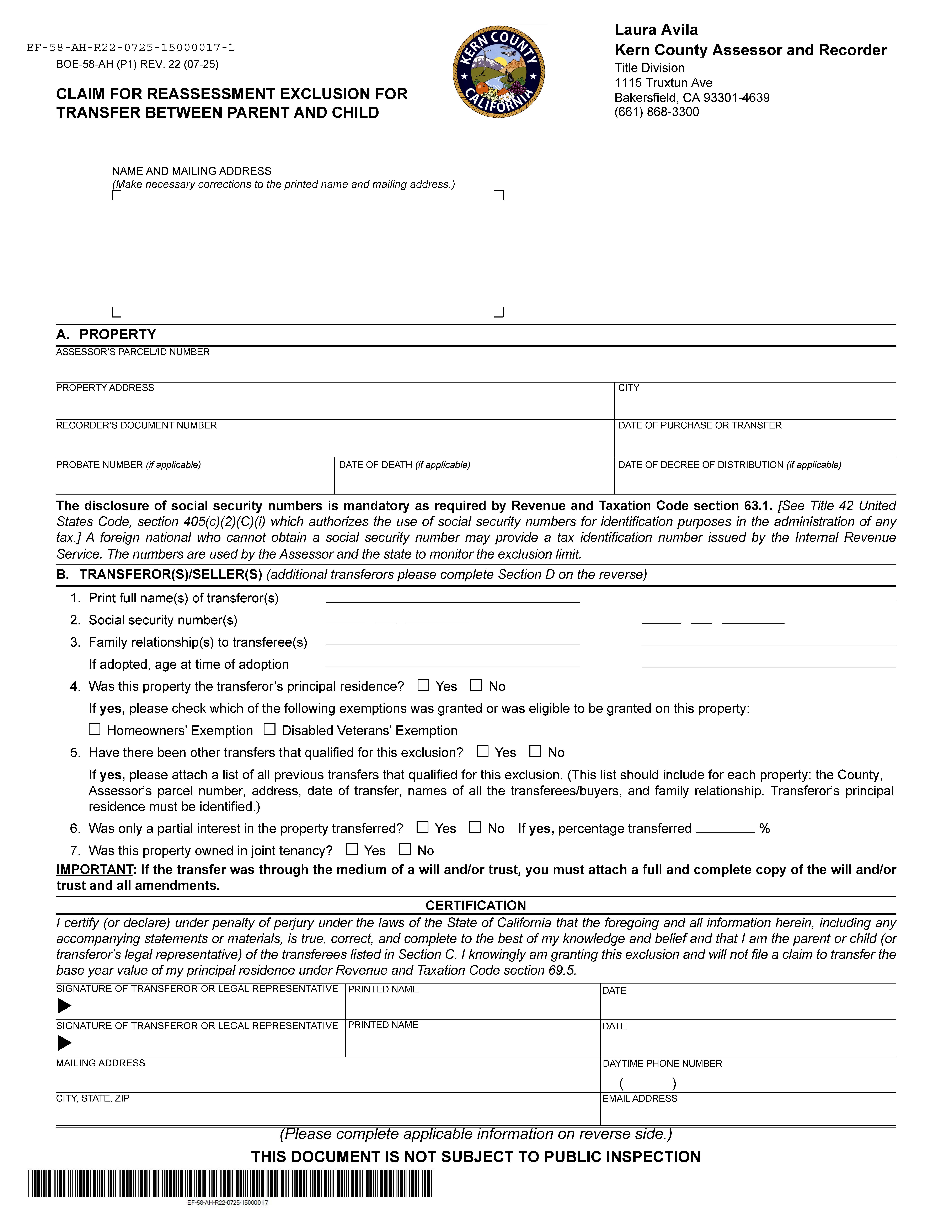 Claim For Reassessment Exclusion For Transfer Between Parent And Child (Before 02-16-21) (Kern) {BOE-58-AH} | Pdf Fpdf Docx | California