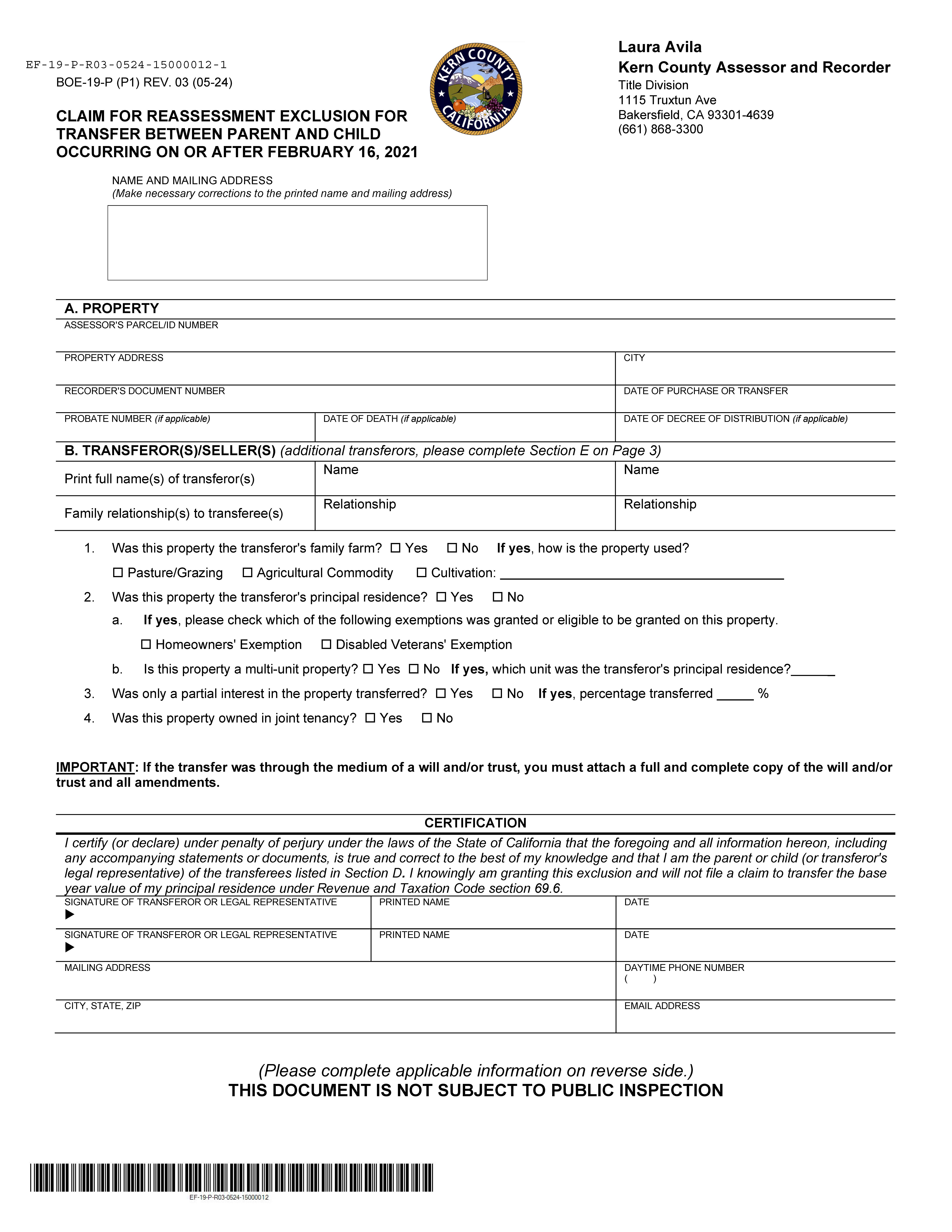 Claim For Reassessment Exclusion For Transfer Between Parent And Child (Kern) {BOE-19-P} | Pdf Fpdf Docx | California