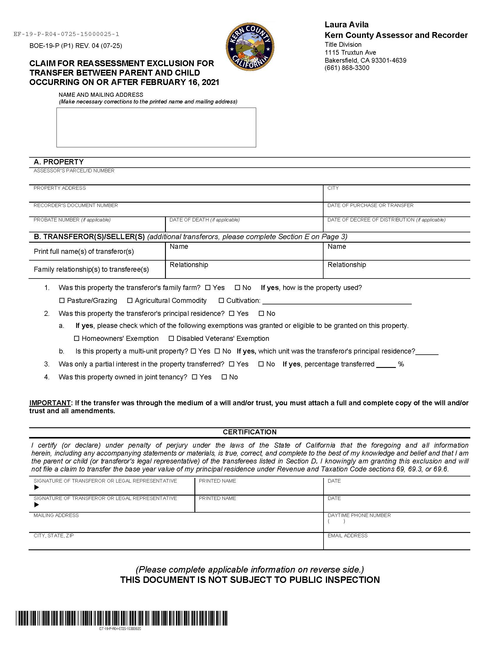 Claim For Reassessment Exclusion For Transfer Between Parent And Child (Kern) {BOE-19-P} | Pdf Fpdf Docx | California