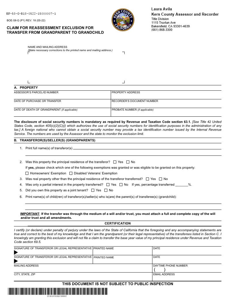 Claim For Reassessment Exclusion-Transfer From Grandparent To Grandchild (Before 02-16-21) (Kern) {BOE-58-G} | Pdf Fpdf Docx | California