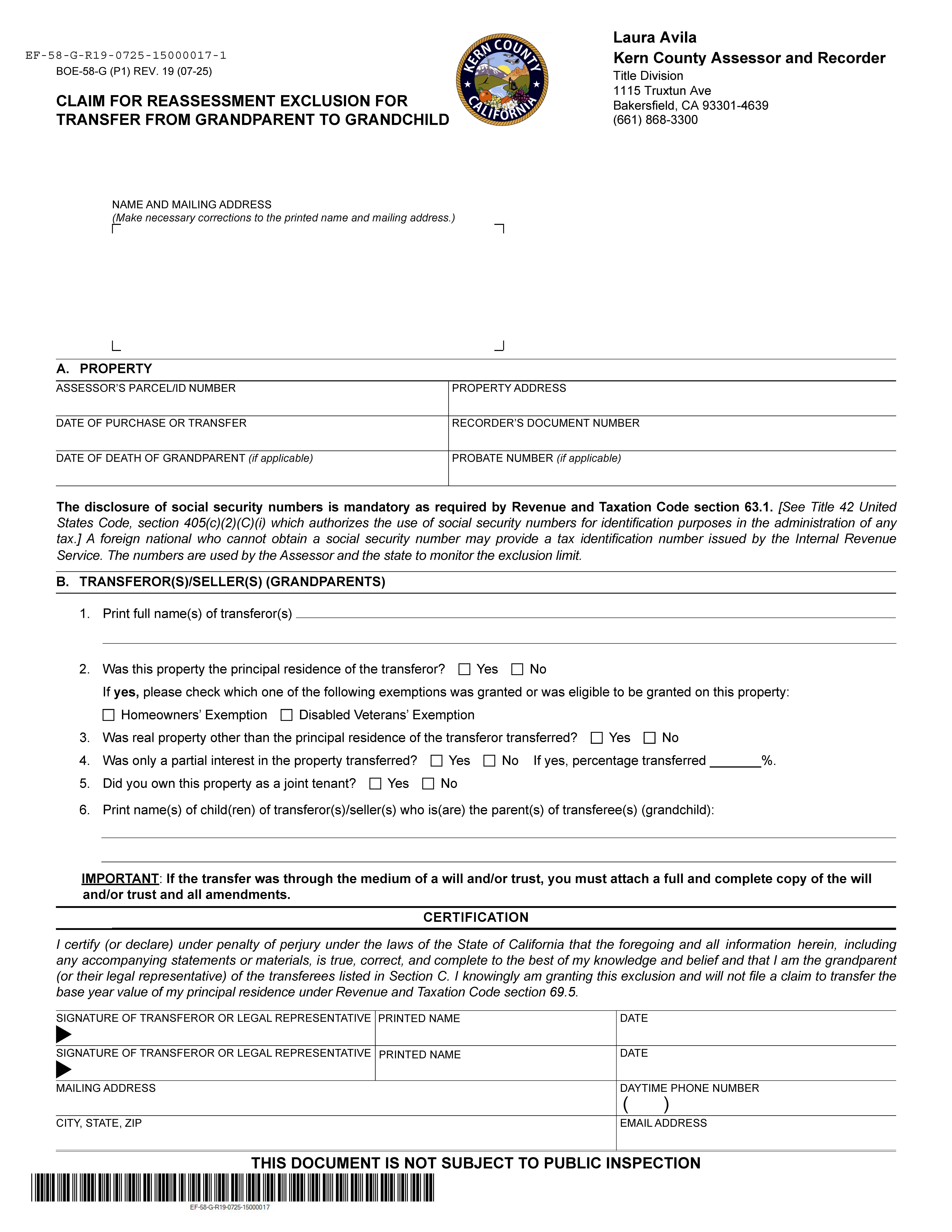 Claim For Reassessment Exclusion-Transfer From Grandparent To Grandchild (Before 02-16-21) (Kern) {BOE-58-G} | Pdf Fpdf Docx | California